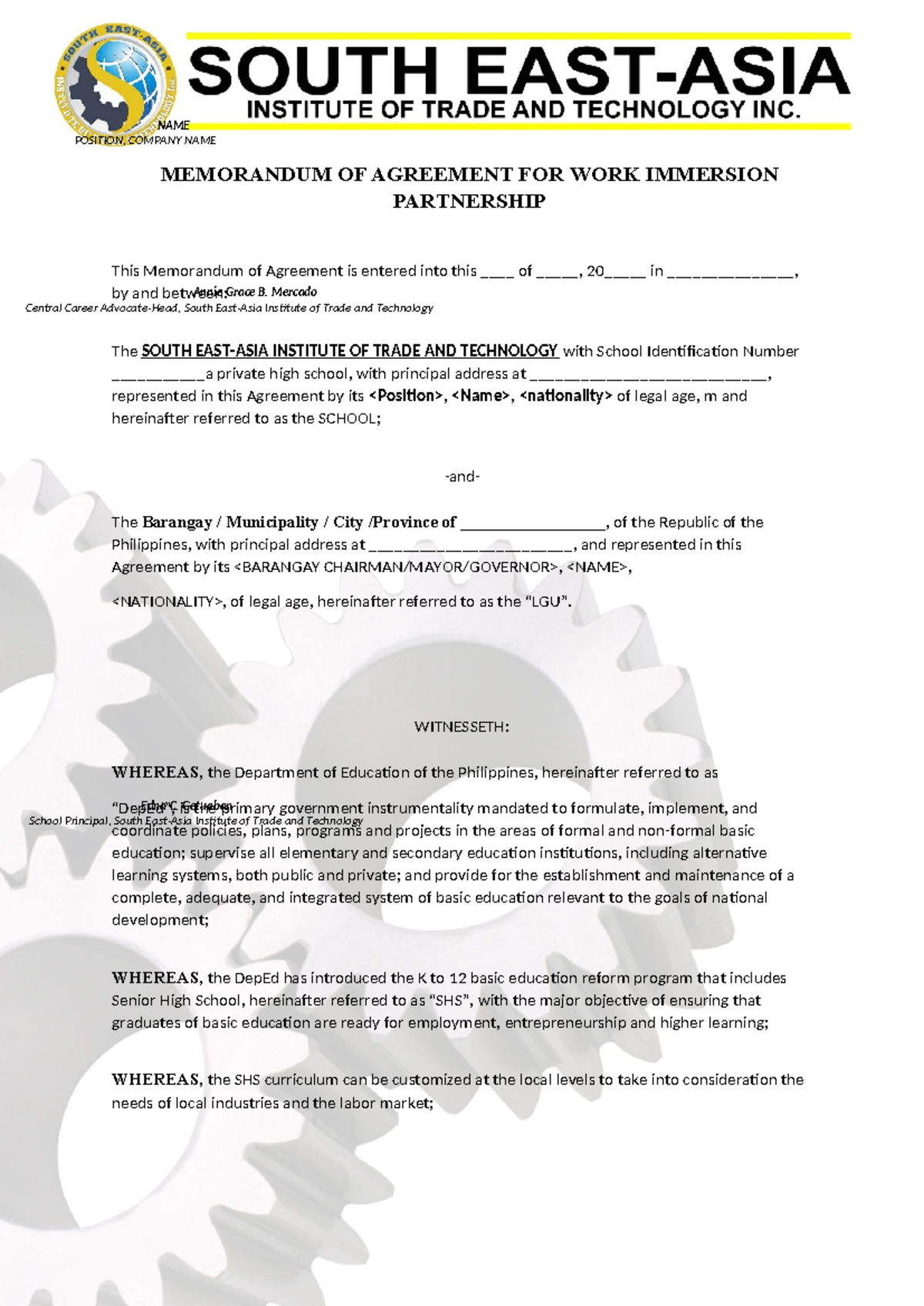 MOA-LGU Work Immersion Partnership Agreement Document - Studocu