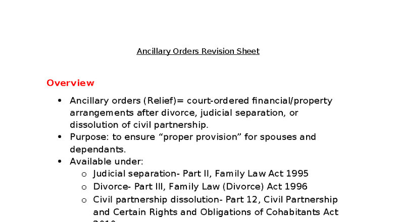 Ancillary Orders Revision Sheet: Family Law Overview & Key Cases - Studocu