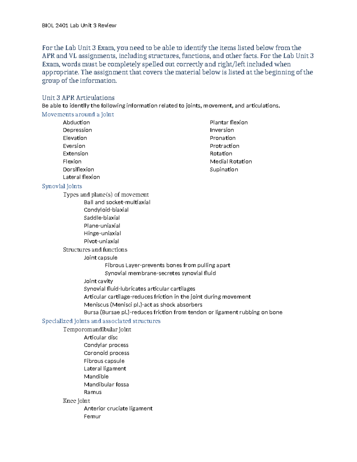 Biol 2401 Lab Unit 3 Exam Review: Muscles, Joints & Nervous Tissue ...