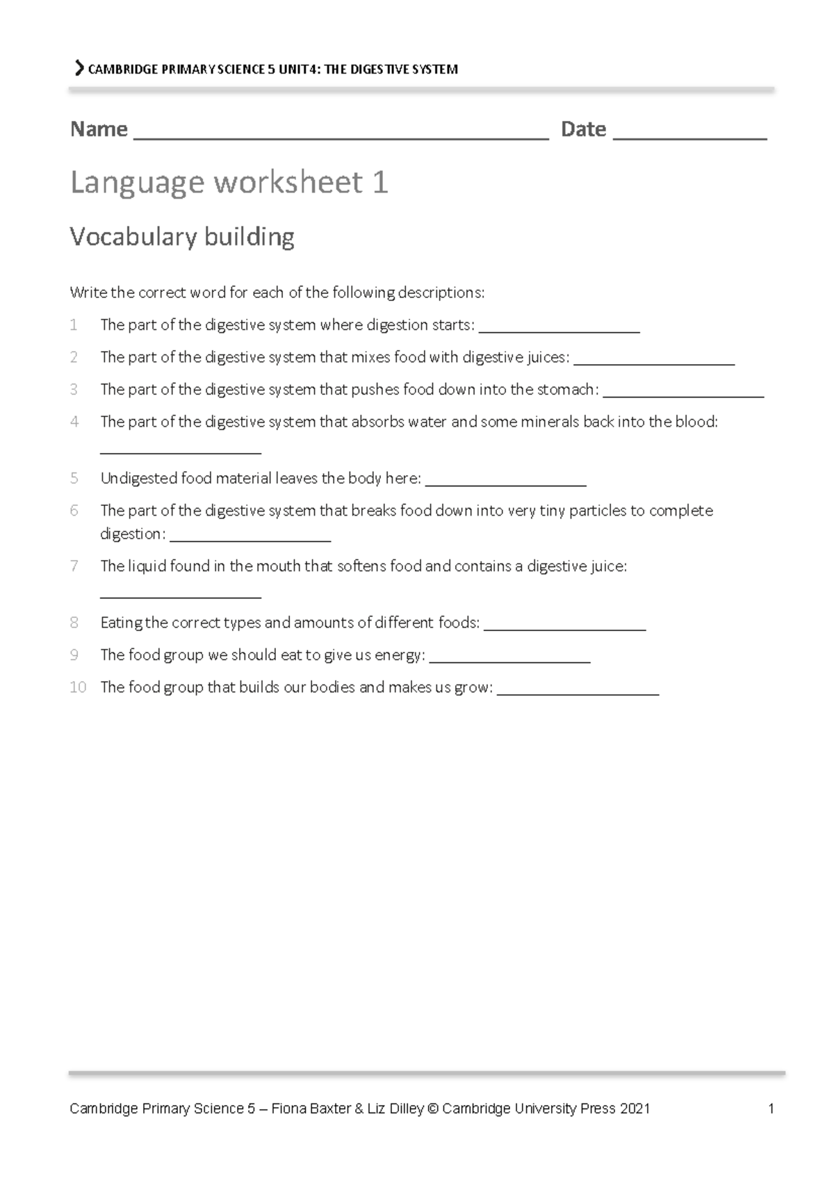 CAMBRIDGE PRIMARY SCIENCE 5 UNIT 4: DIGESTIVE SYSTEM WORKSHEETS - Studocu