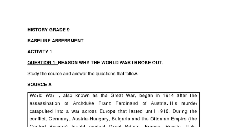 HISTORY GRADE 9 TERM 1 BASELINE ASSESSMENT WORKSHEETS - Studocu