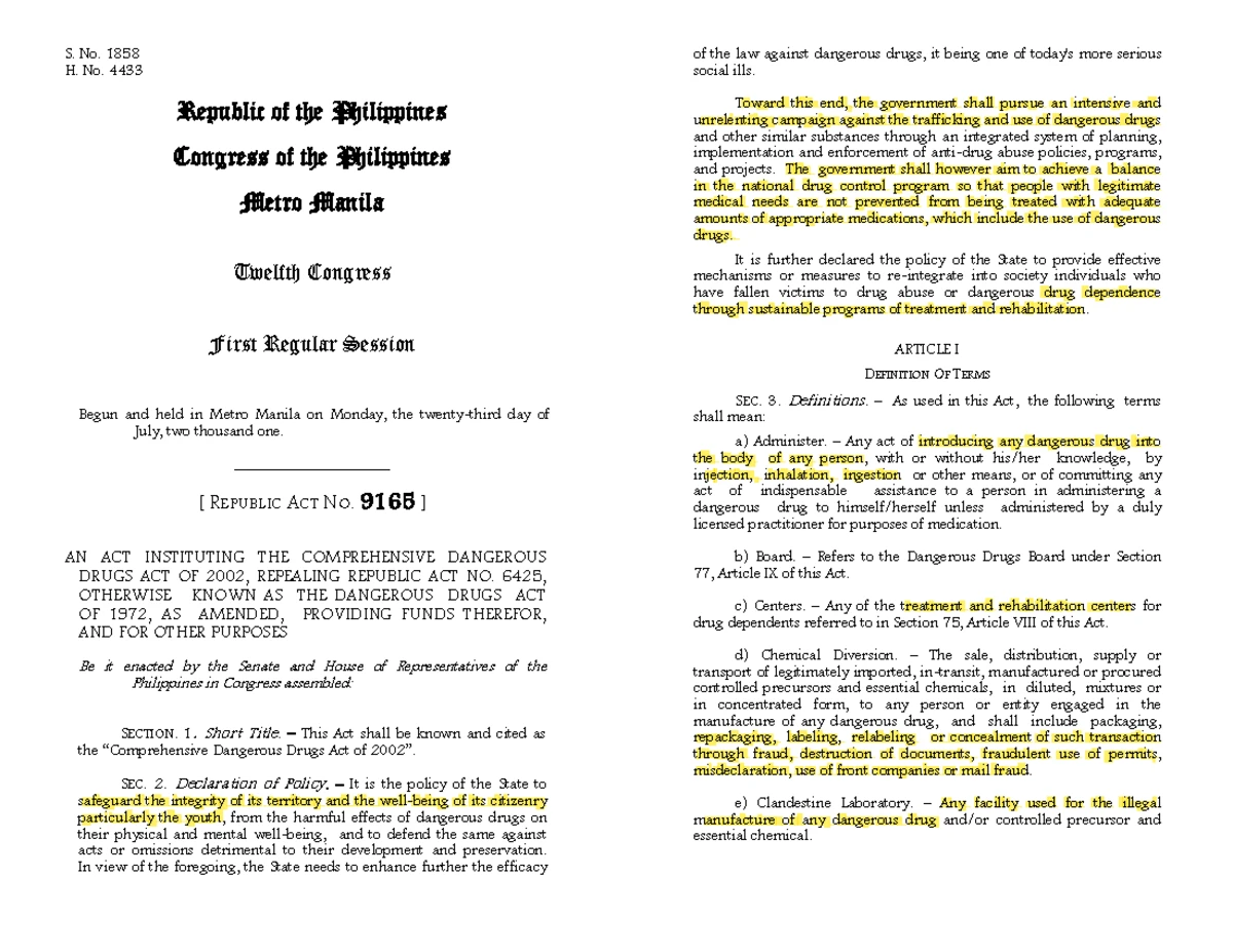 Republic Act No. 9165: Comprehensive Dangerous Drugs Act of 2002 - Studocu