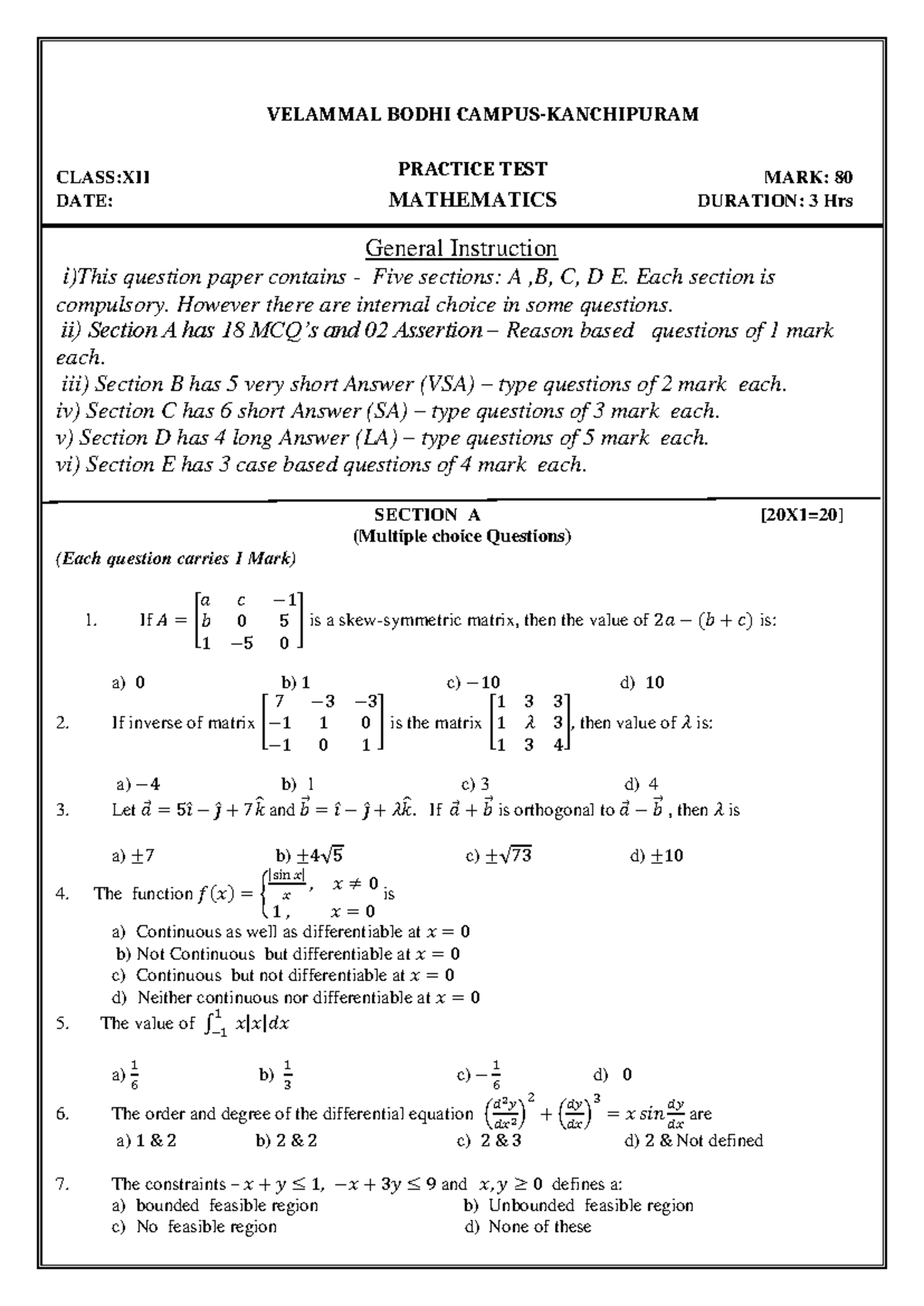 Mathematics Practice Test Class XII (BODHI) - Full Portion 01 - Studocu