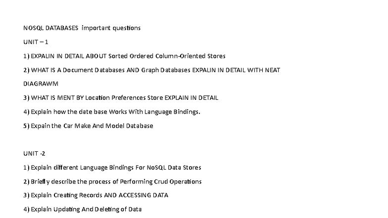 NOSQL DATABASES Important Questions & Concepts - Unit 1 to 5 - Studocu