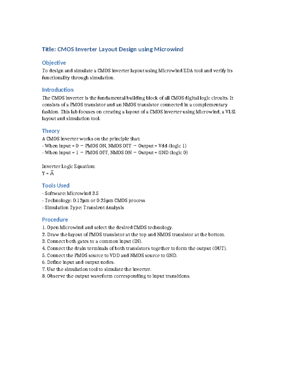 CMOS Inverter Layout Design Lab Report using Microwind - Studocu