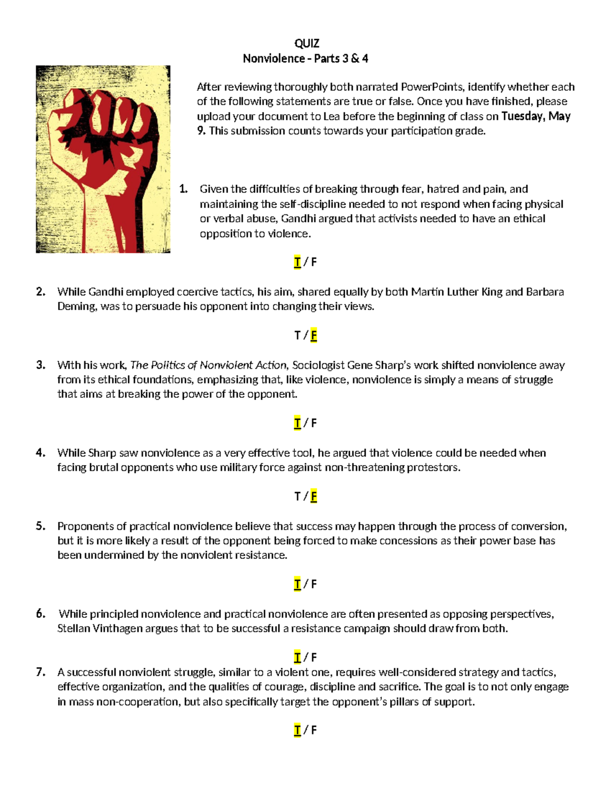Quiz - Nonviolence 34: True or False Questions & Answers - Studocu