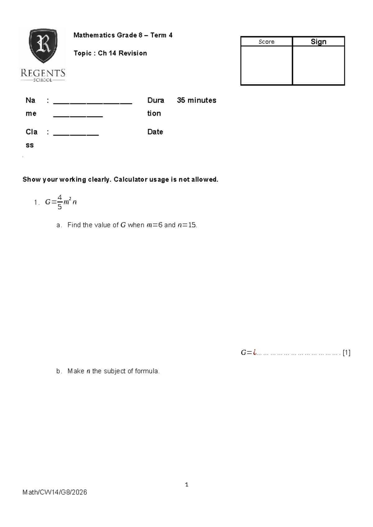 Mathematics Grade 8 Term 4 Mock Exam 1B Revision - Studocu