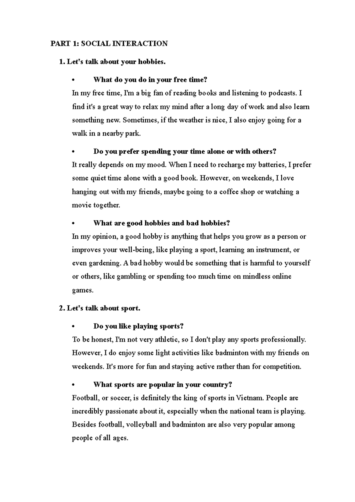 Speaking B1: Social Interaction and Hobbies Insights - Studocu