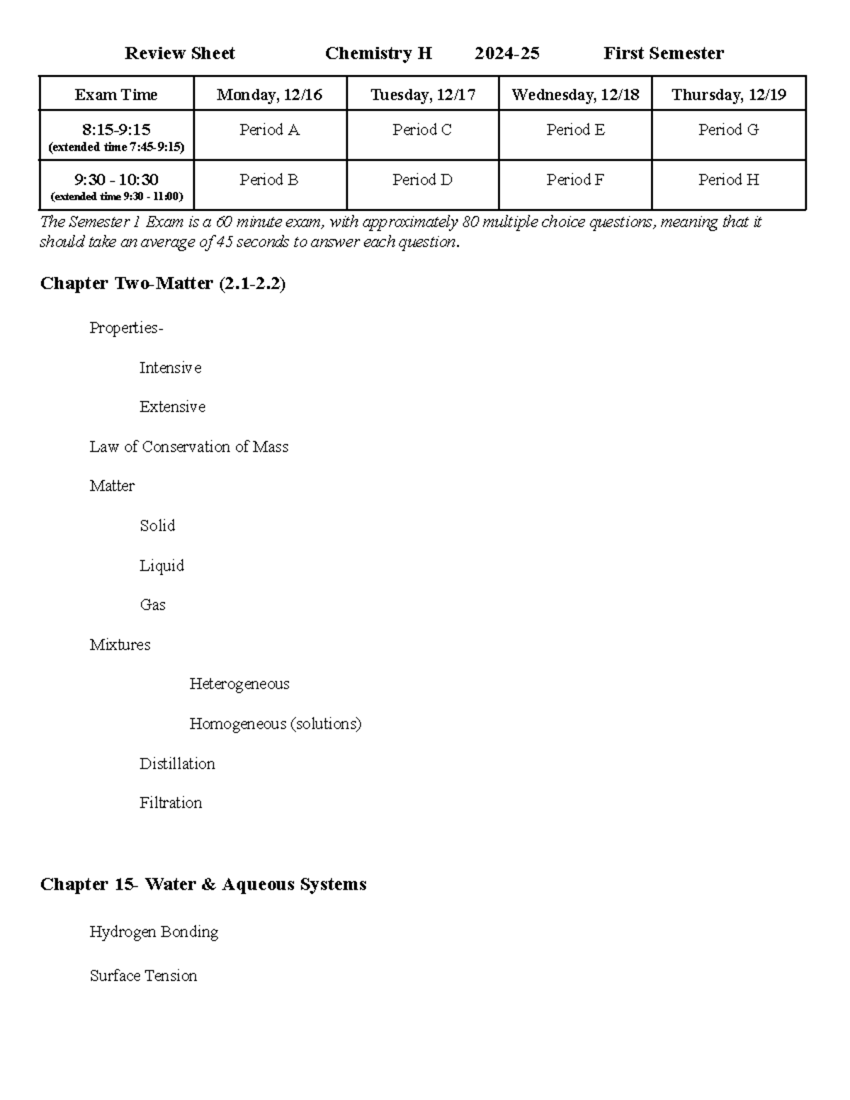 Honors Chemistry H 2024-25 Semester 1 Comprehensive Review Sheet - Studocu