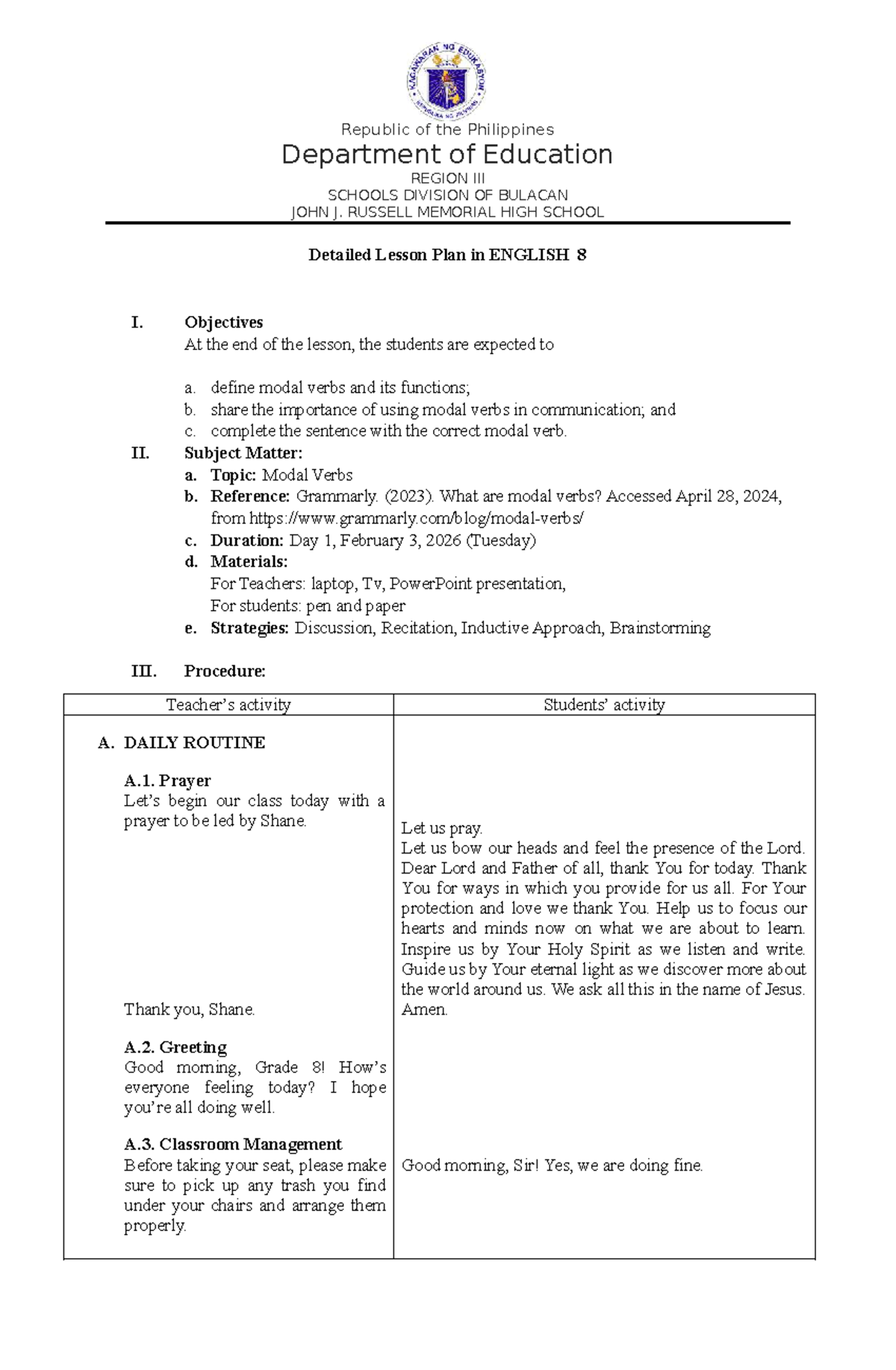 Detailed Lesson Plan in ENGLISH 8: Modal Verbs - Studocu