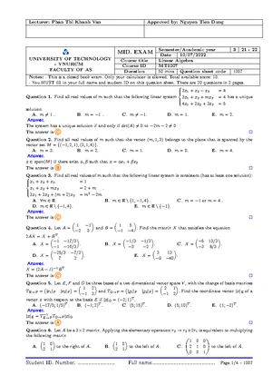 FINAL EXAM MT1007: Linear Algebra Question Sheet (2023) - Studocu