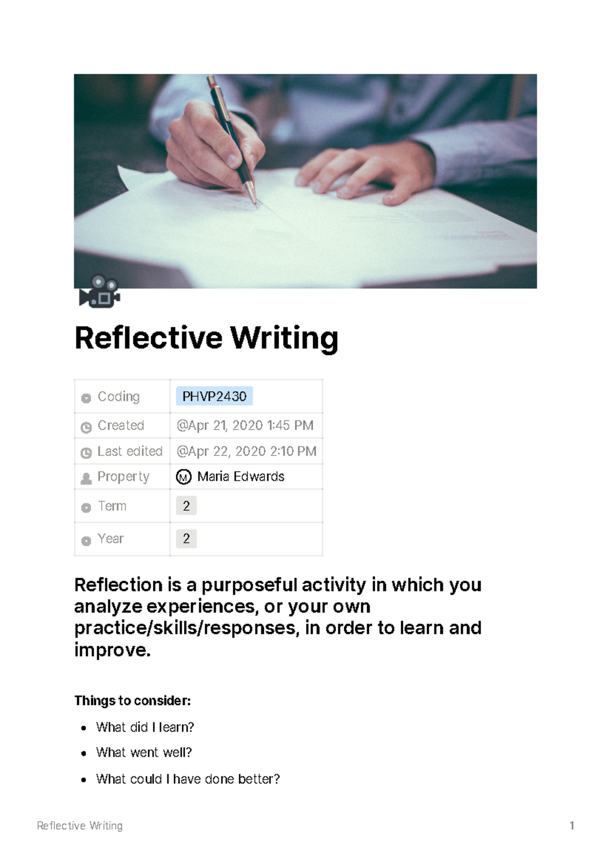 Reflective Writing Guide for PHVP Course - Year 2 Term 2 - Studocu