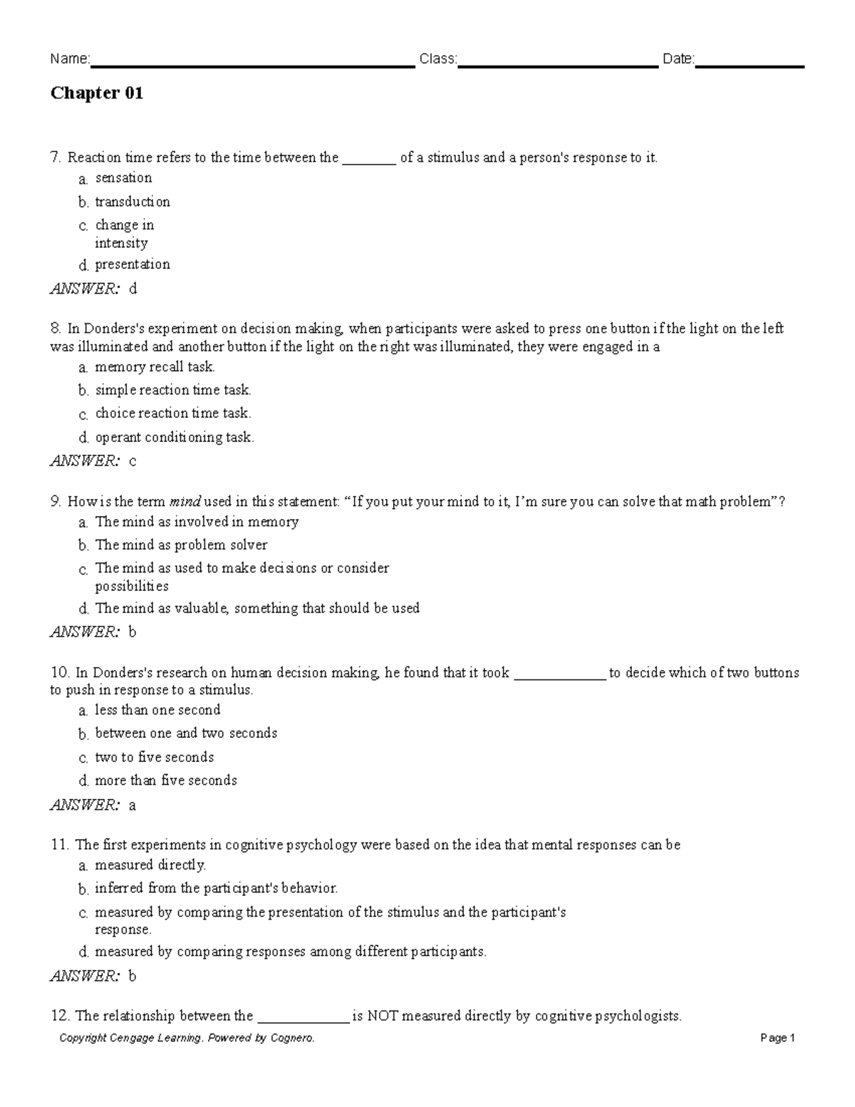 Psychology 101 Test Bank Chapter 1 Answers and Key Concepts - Studocu