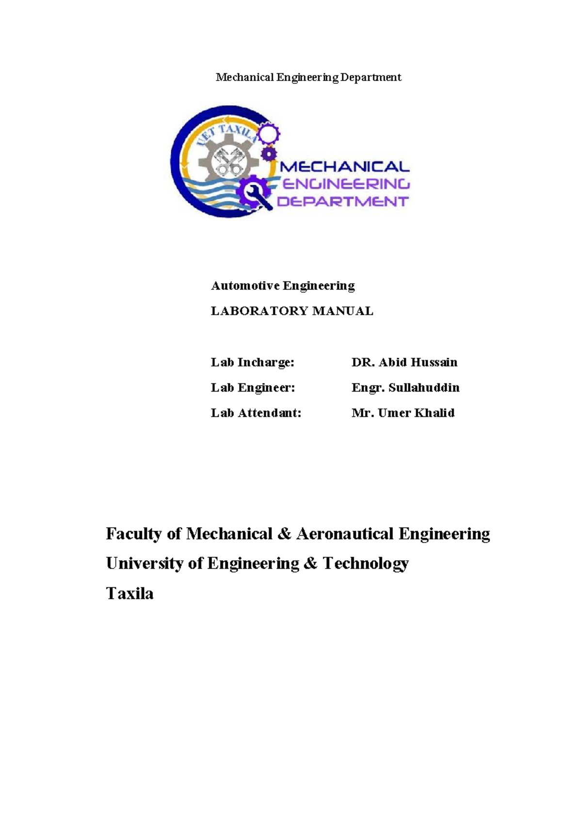 Automotive Engineering Lab Manual (ME-ENG 101): Safety & Experiments ...