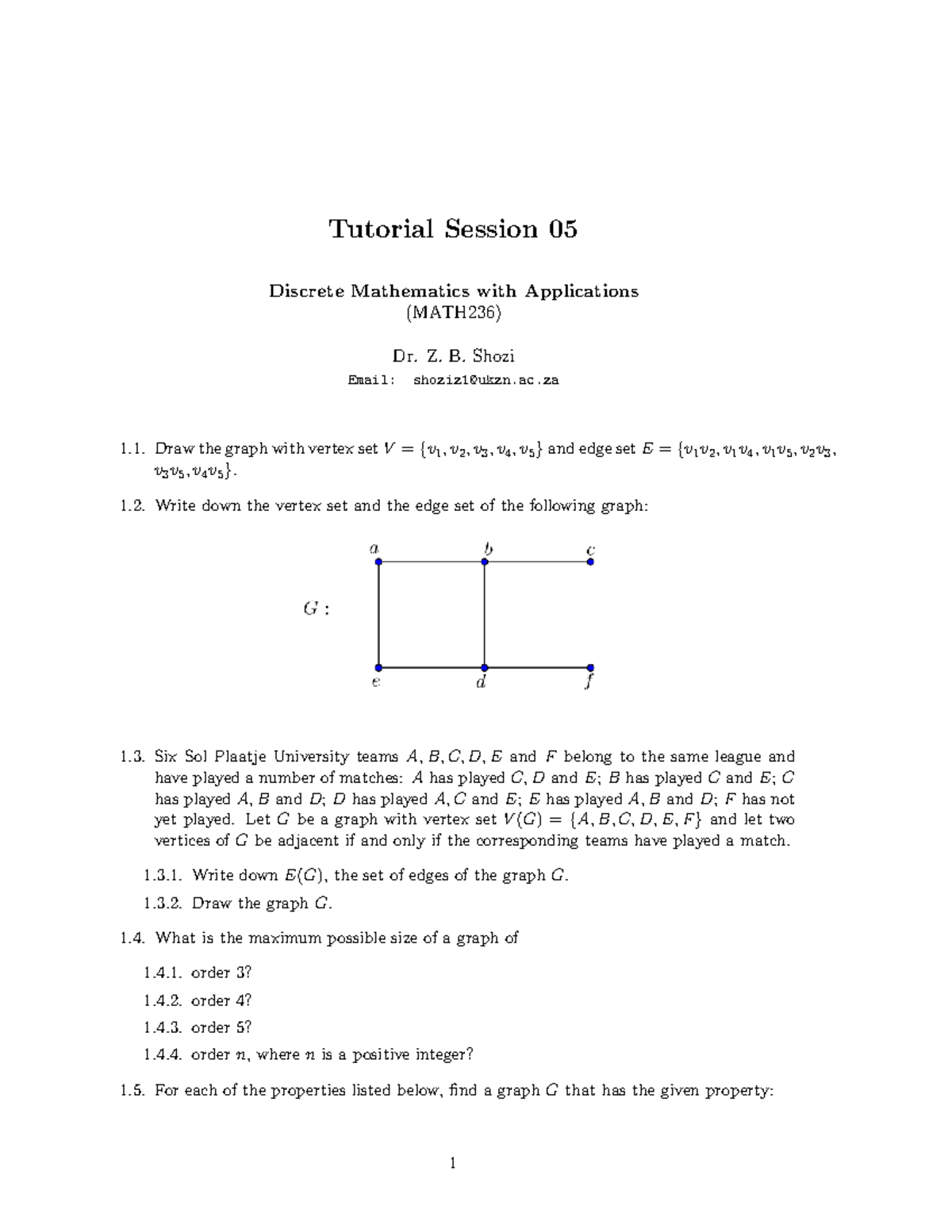 MATH236 Tutorial Session 05: Graph Theory Concepts and Applications ...
