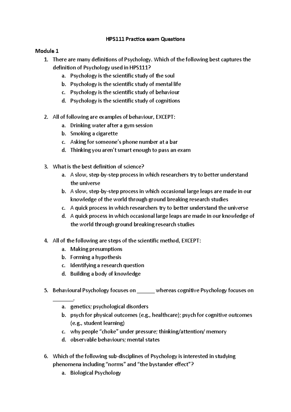HPS111 Practice Exam Questions with Module Covering Key Concepts - Studocu