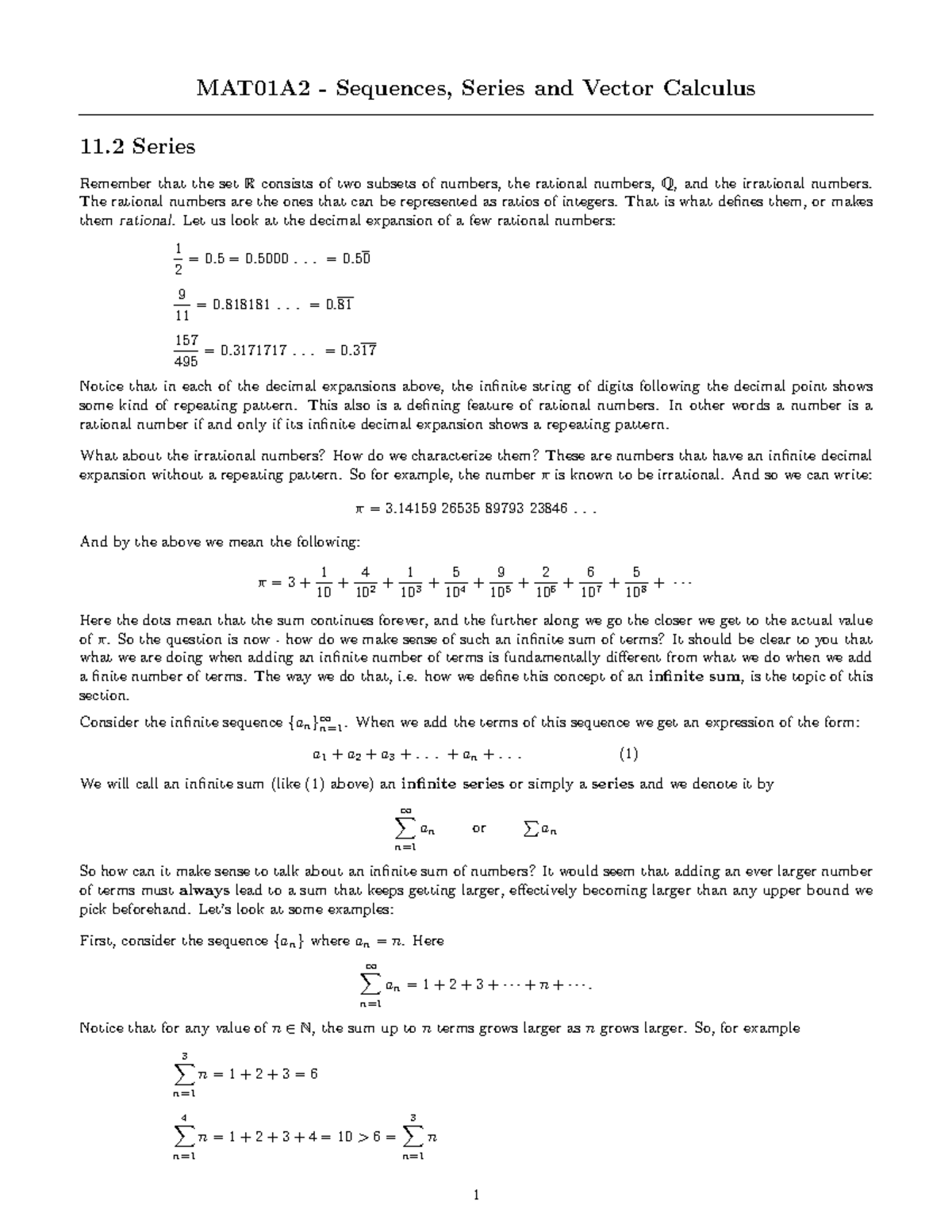 MAT01A2 Final Exam Notes on Sequences, Series, and Vector Calculus ...