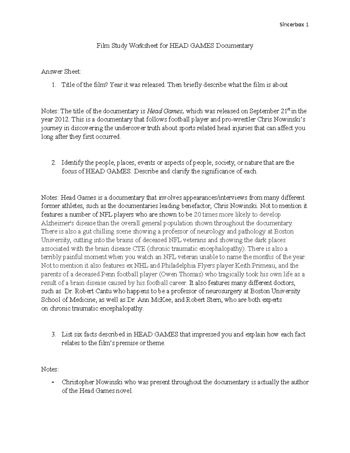 HEAD GAMES Documentary Film Study Worksheet Insights & Facts Analysis