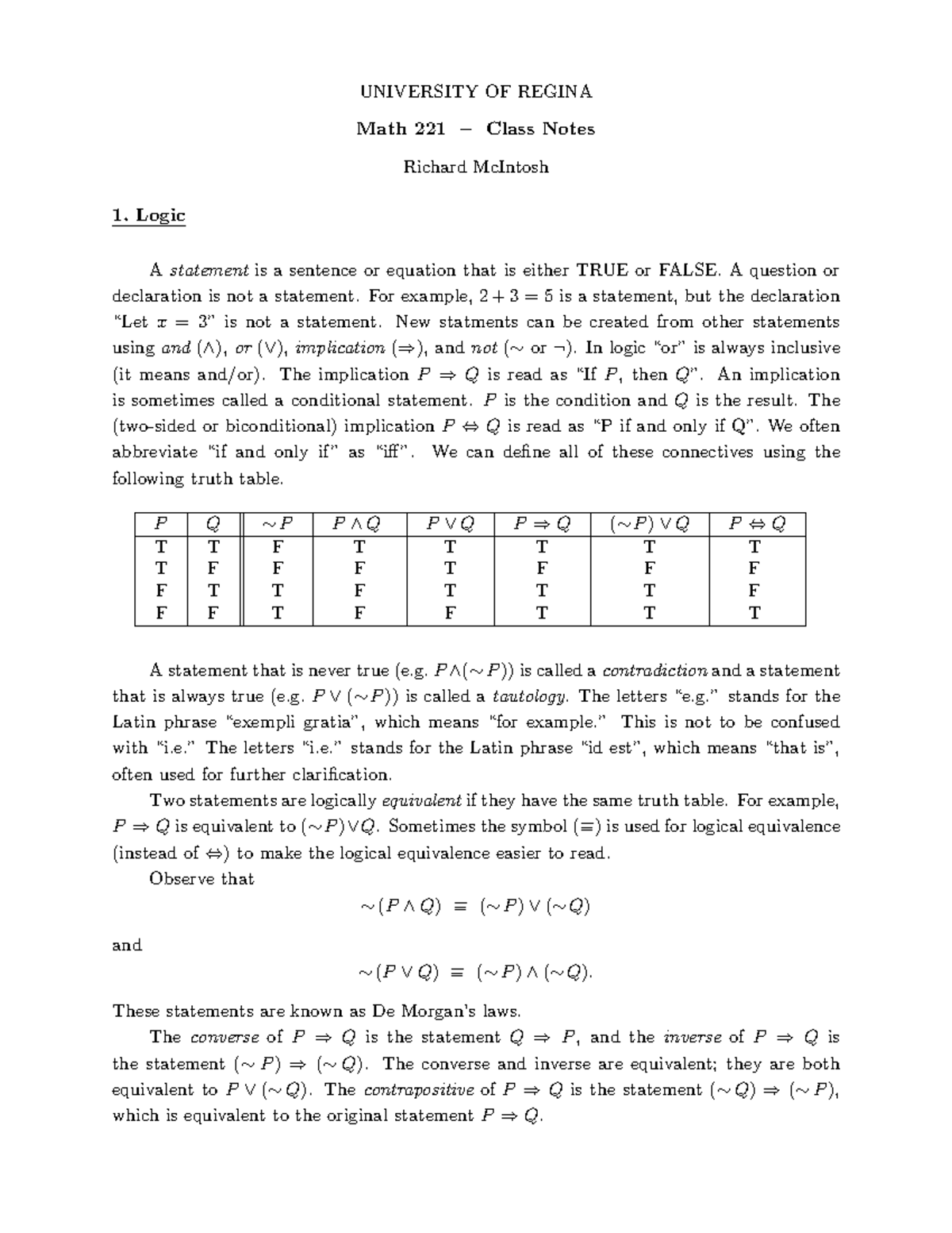 M221Class Notes - UNIVERSITY OF REGINA Math 221 – Class Notes Richard ...