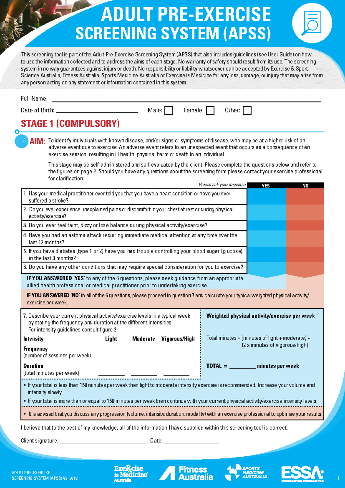 Adult PRE-Exercise Screening System Practical 1 (APSS V2, 2019) - Studocu