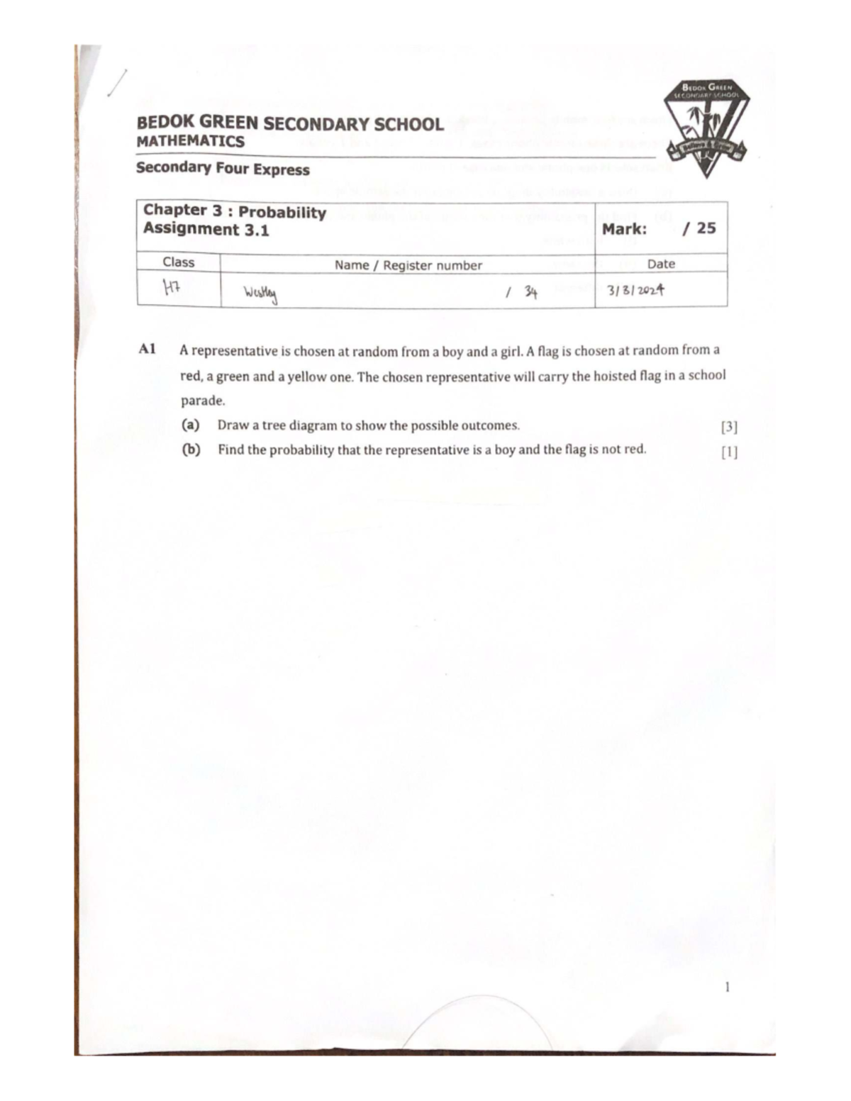 BEDOK GREEN SEC SCH Math Before Sec 4 Exp Ch 3: Probability Assignment ...