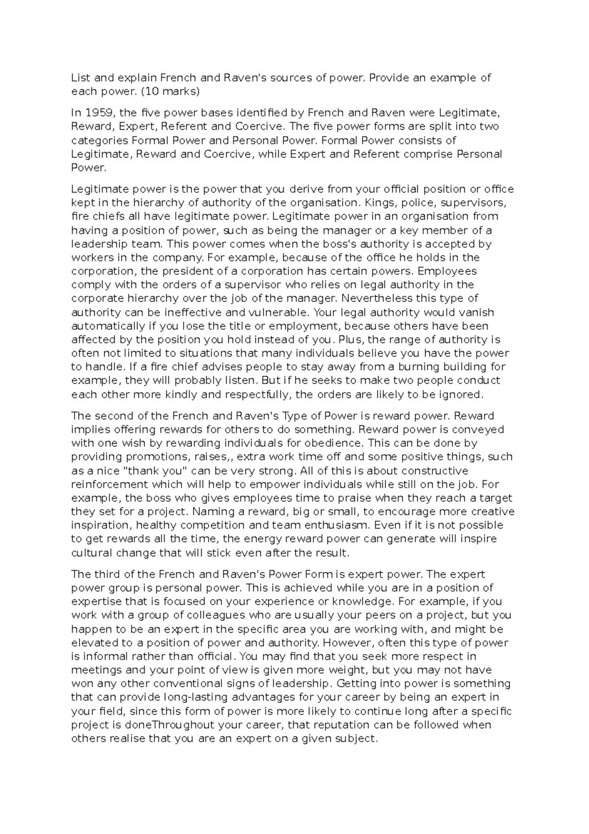 List and explain French and Raven sources of power - Provide an example ...