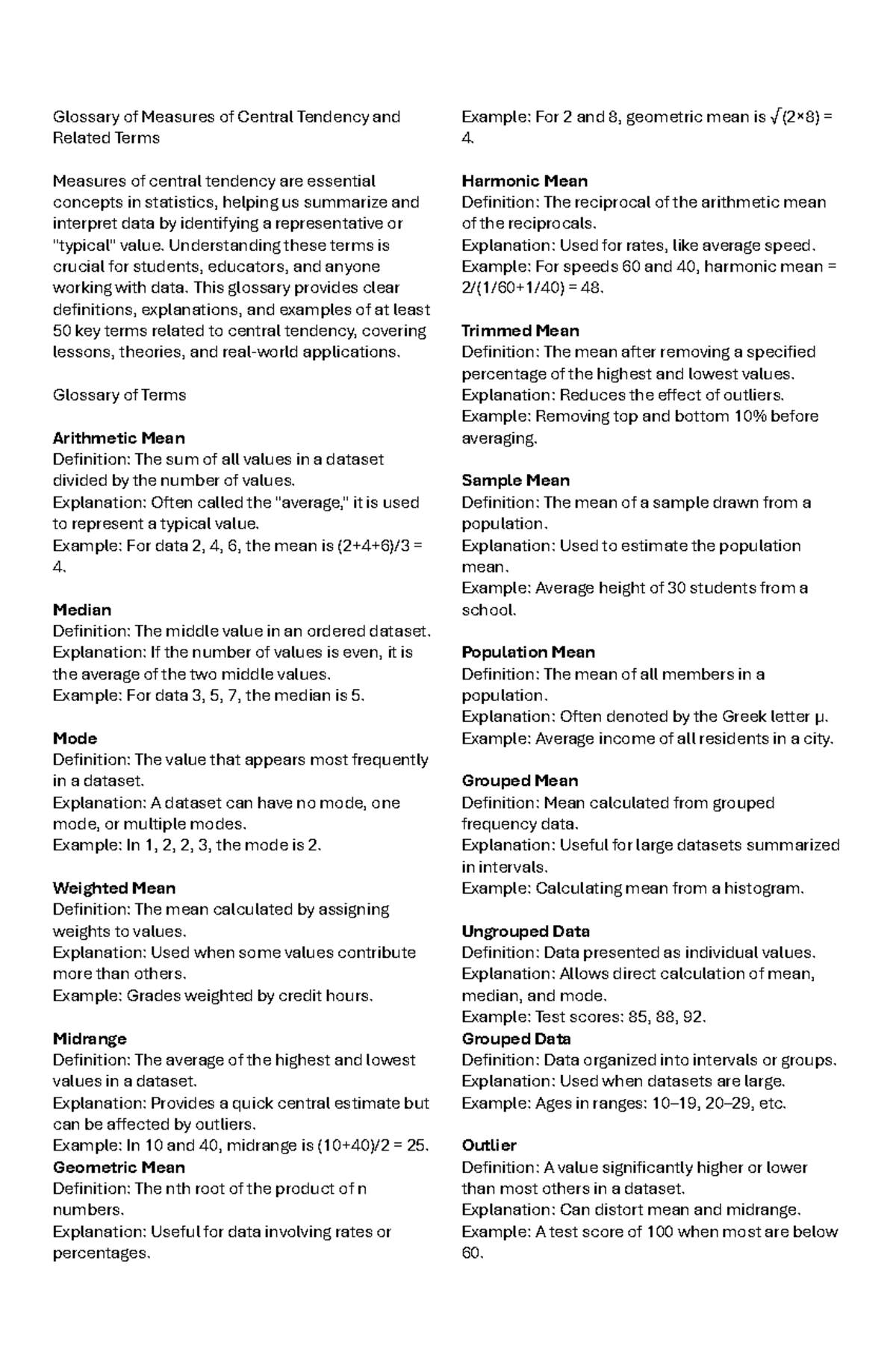 Glossary of Central Tendency Terms: Key Definitions & Examples - Studocu