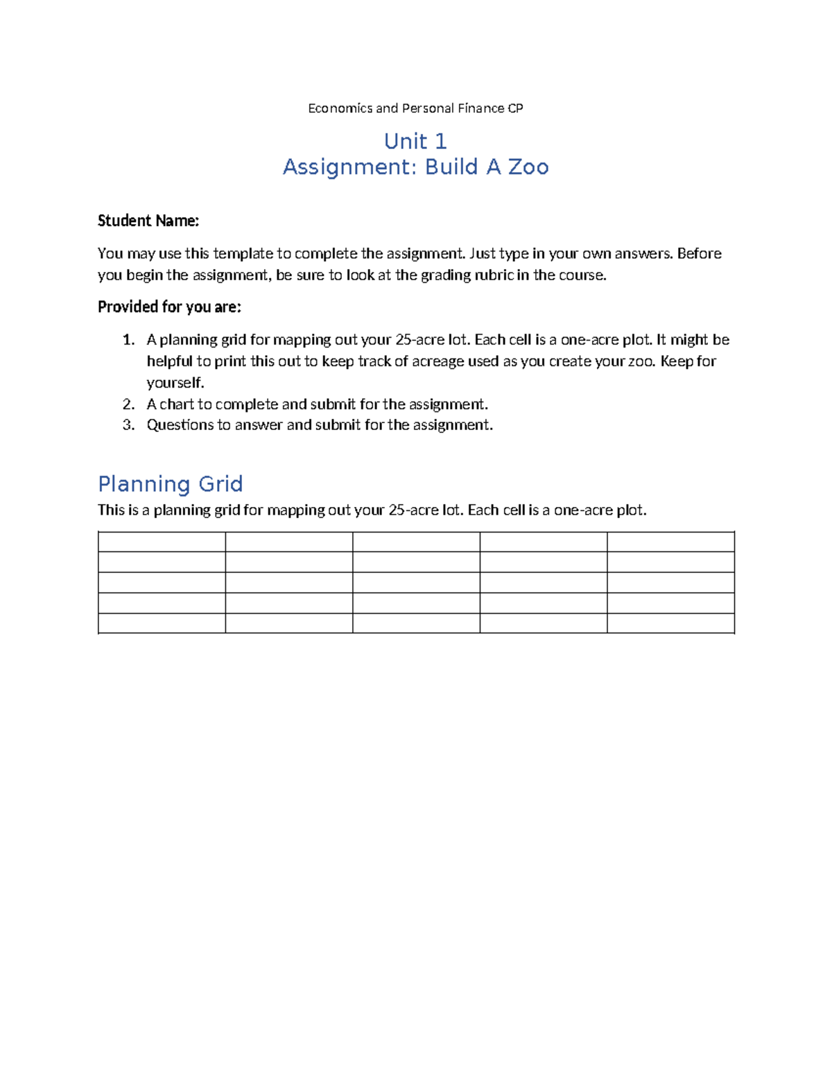 Economics &amp; Personal Finance CP: Unit 1 Zoo Assignment Guide - Studocu
