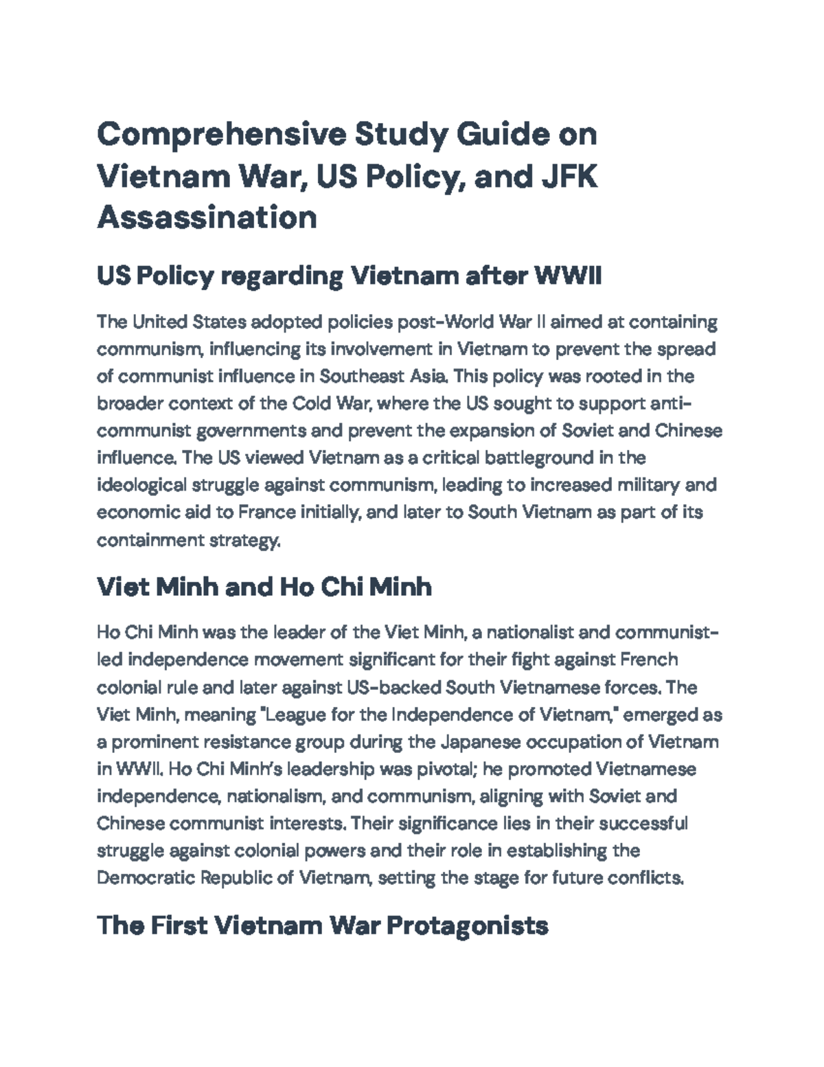 Comprehensive Study Guide on Vietnam War and JFK Assassination ...