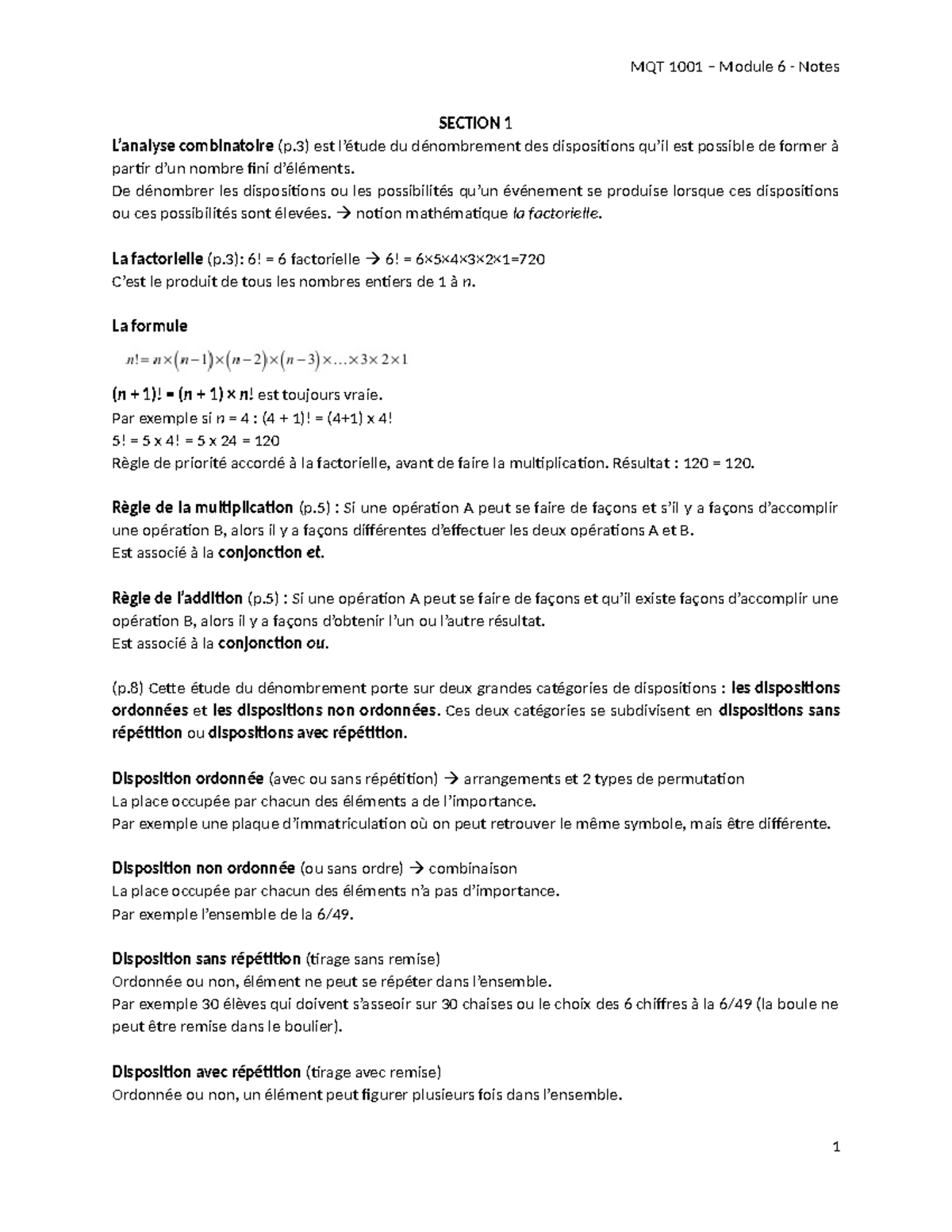 MQT 1001 Module 6 - Notes sur le Dénombrement et Probabilités - Studocu