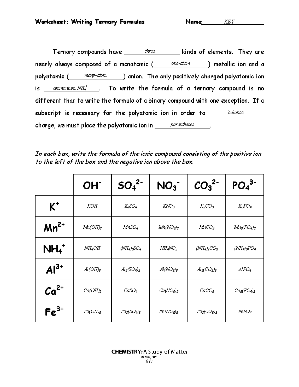 6-06a: Ternary Formulas Worksheet (Key) for Chemistry Study - Studocu