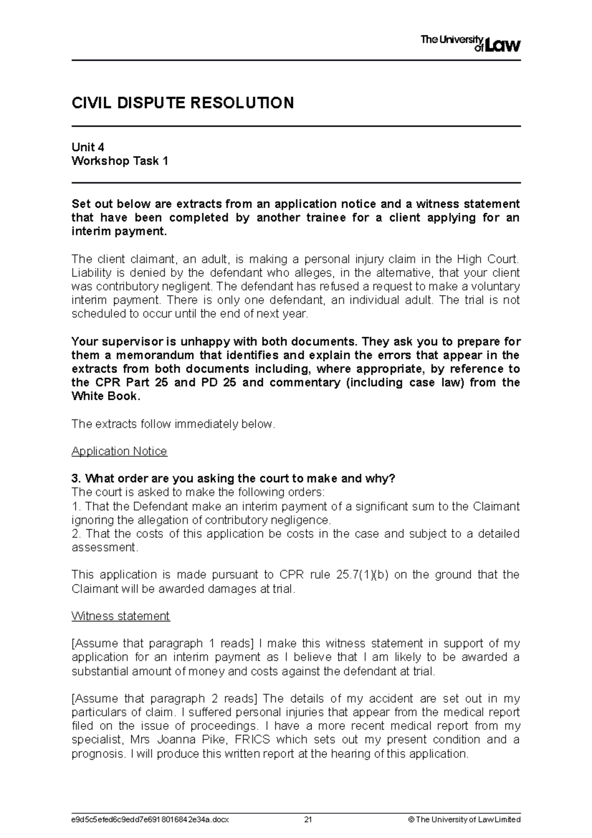 2324 CIV WS04 CE01 Workshop Task 1: Memorandum on Interim Payment ...