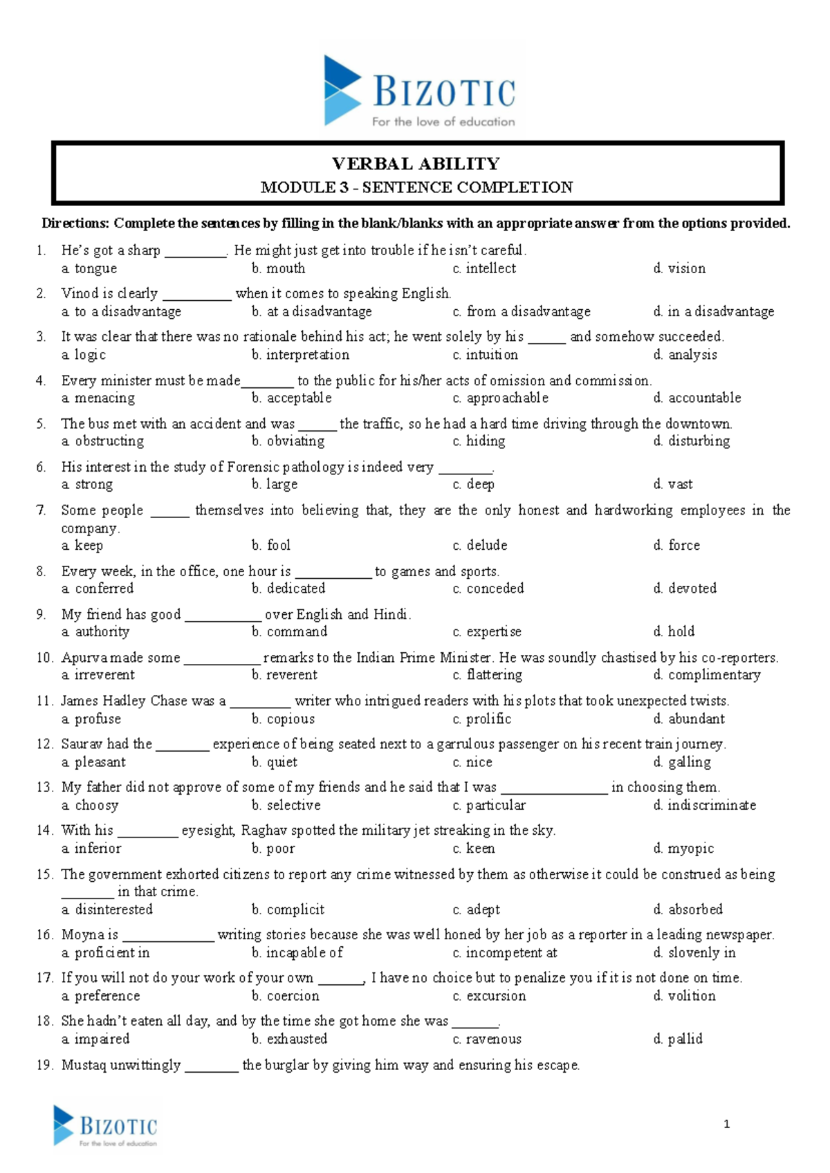 Module 3 - Sentence Completion Student Handout - 1 Directions: Complete ...