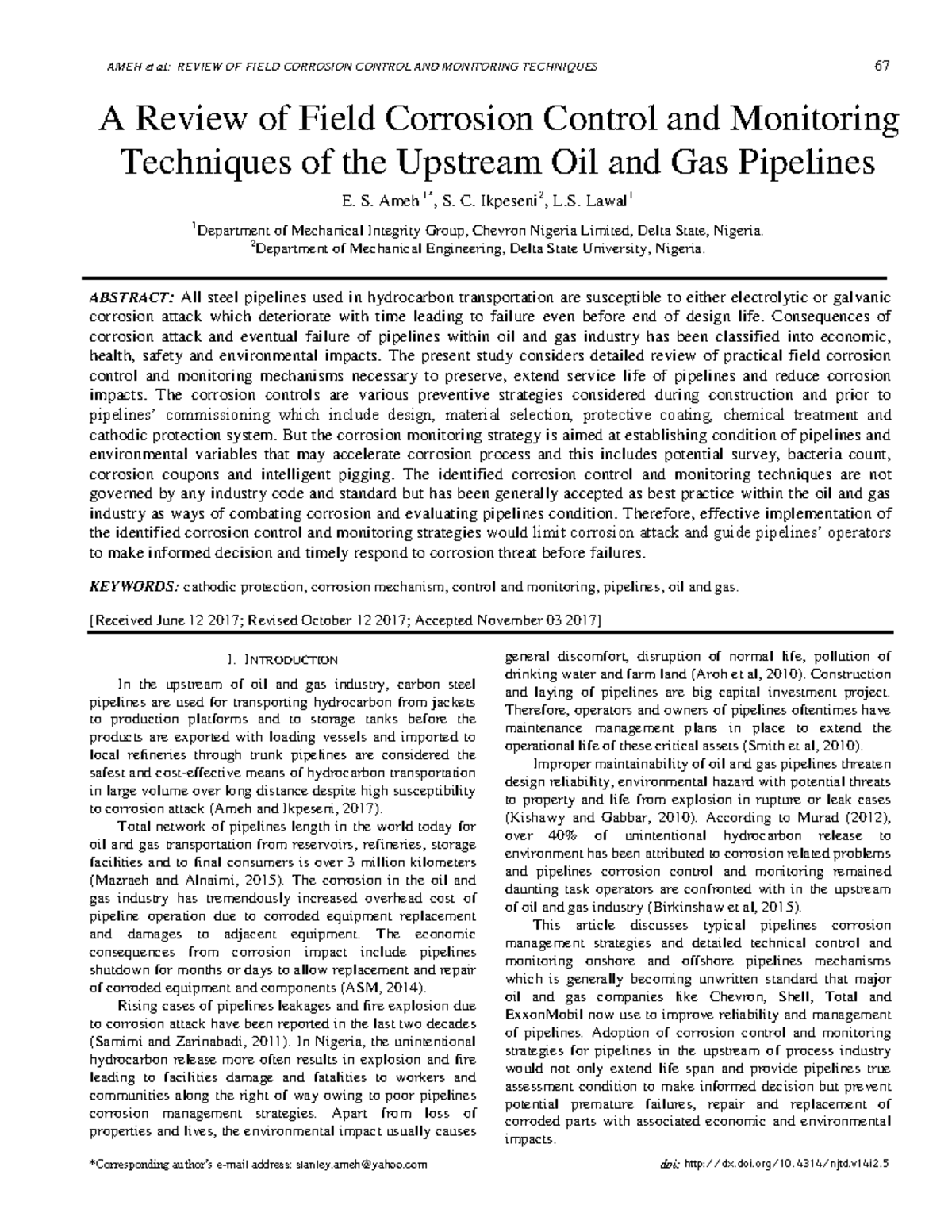 Review of Corrosion Control & Monitoring Techniques in Upstream Oil ...