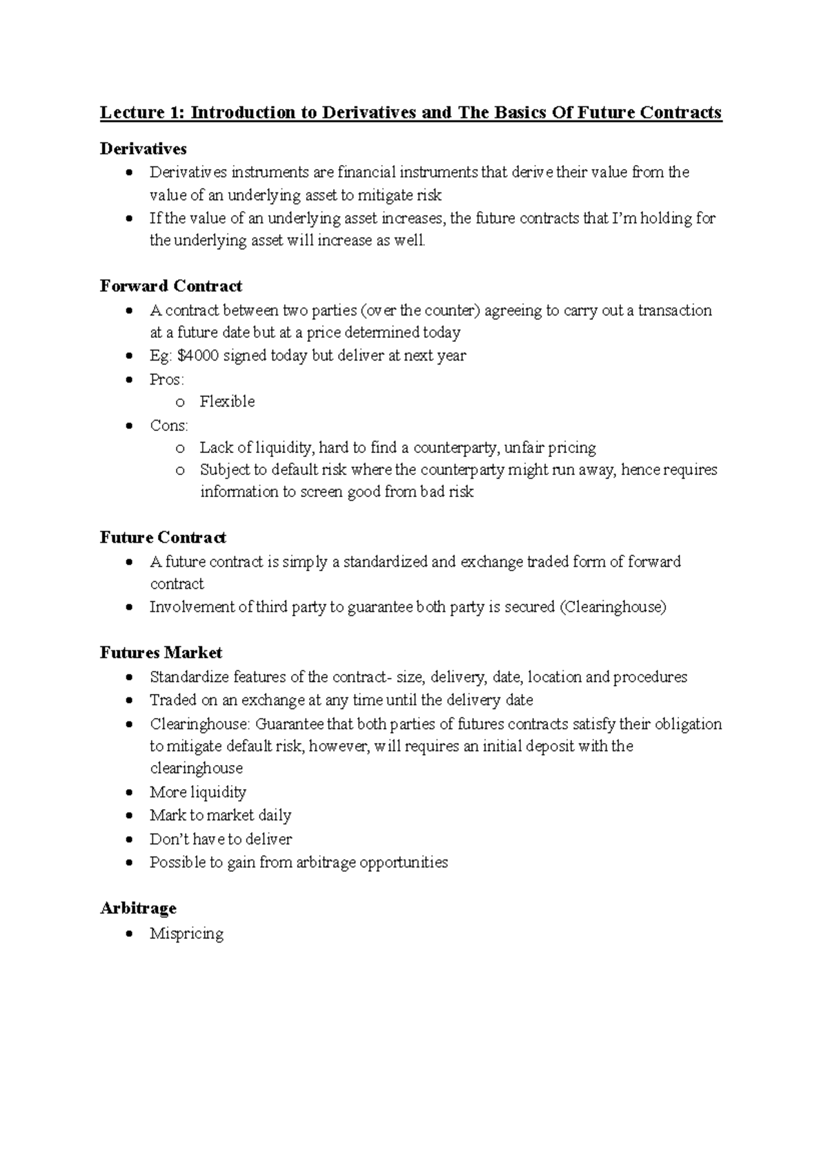 Future and Option Notes: Lecture 1 on Derivatives Basics - Studocu