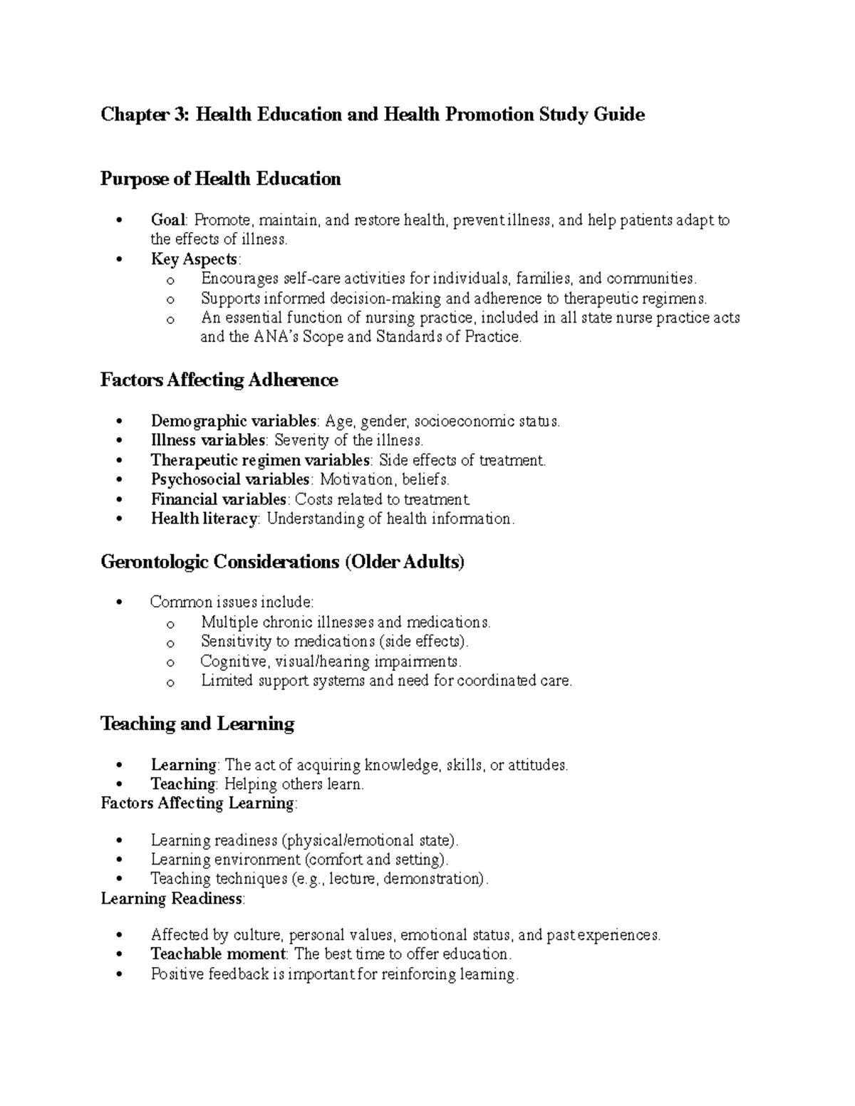 Chapter 3: Health Education & Promotion Study Guide (NURS 101) - Studocu