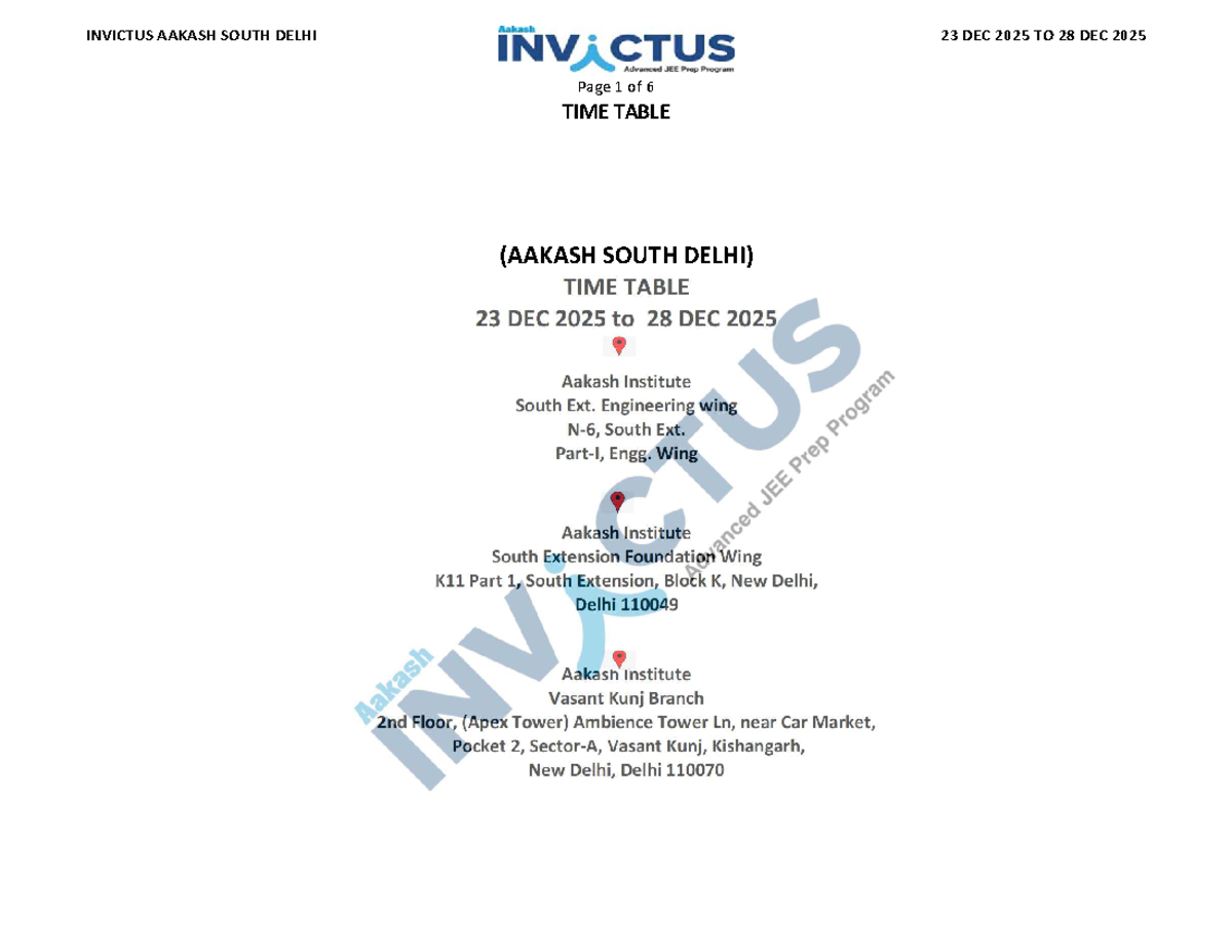 INVICTUS AAKASH SOUTH DELHI TIME TABLE (23 DEC - 28 DEC 2025) - Studocu