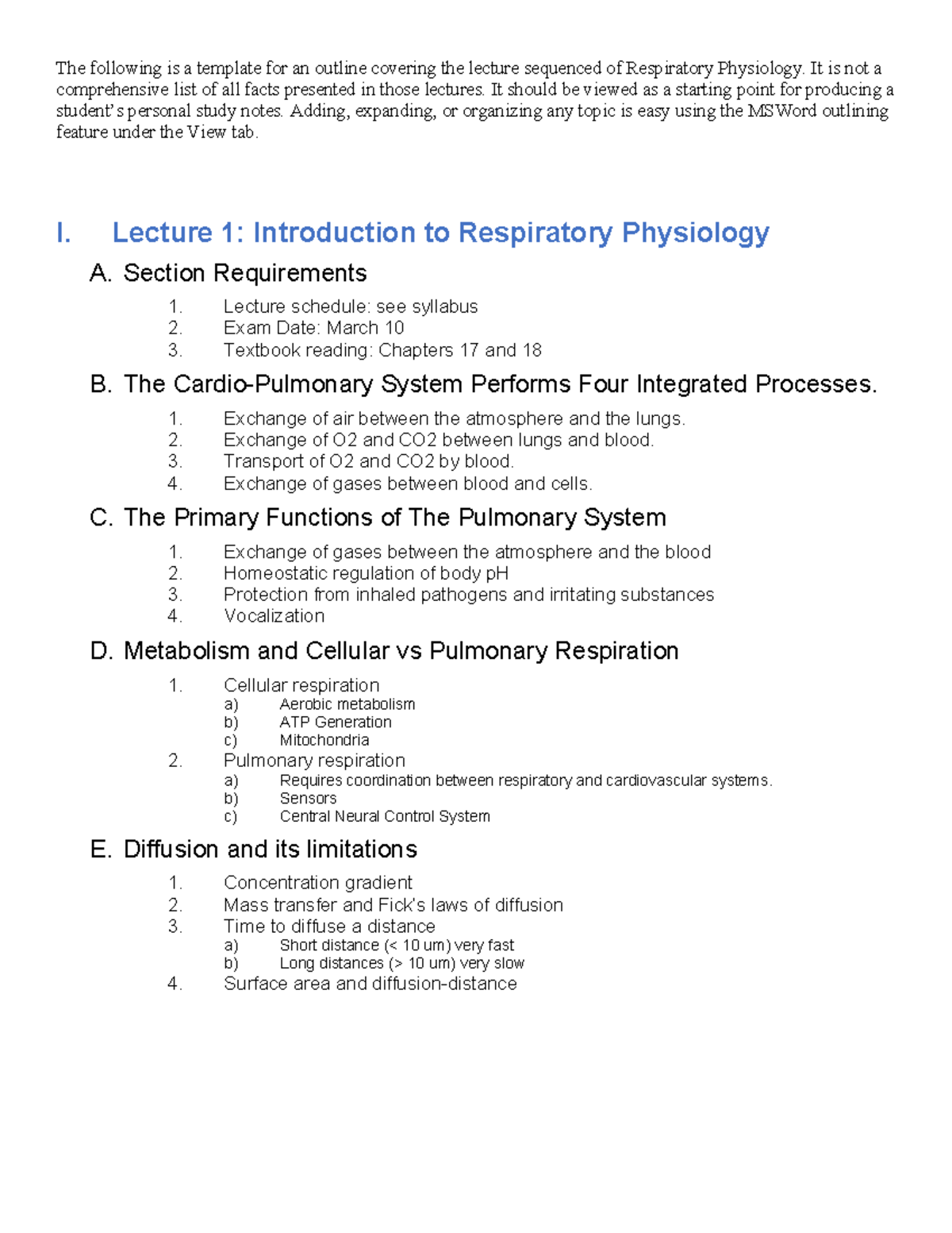 Lecture Notes on Respiratory Physiology (BIO 101): Gas Laws & Functions ...