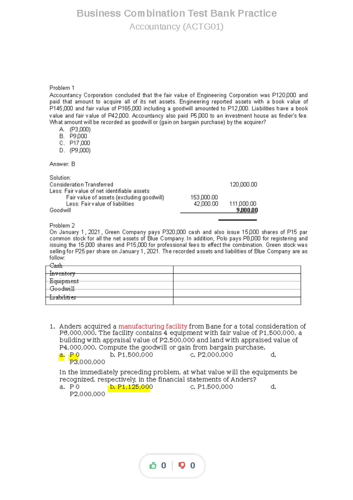 Business Combination Test Bank Practice (ACTG01) Solutions & Problems ...