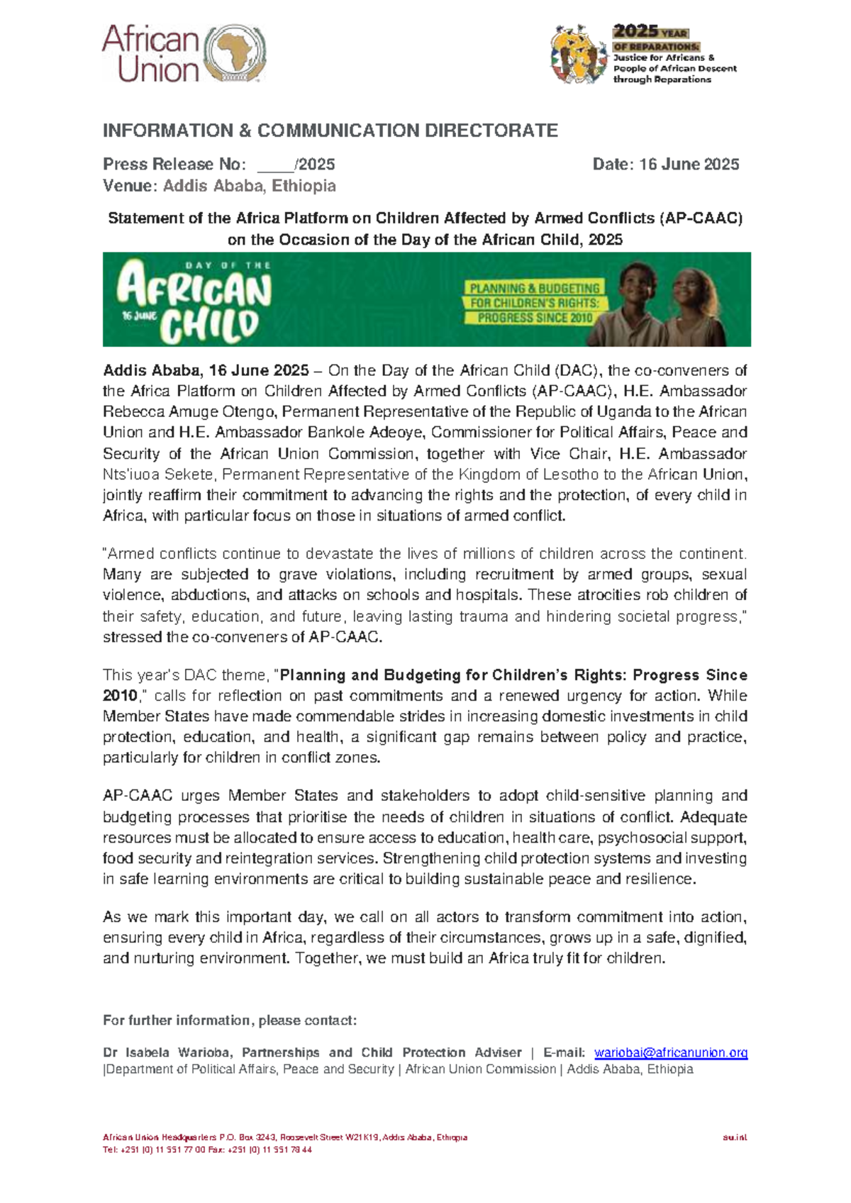 Press Release: Africa Platform on Children Affected by Armed Conflicts ...