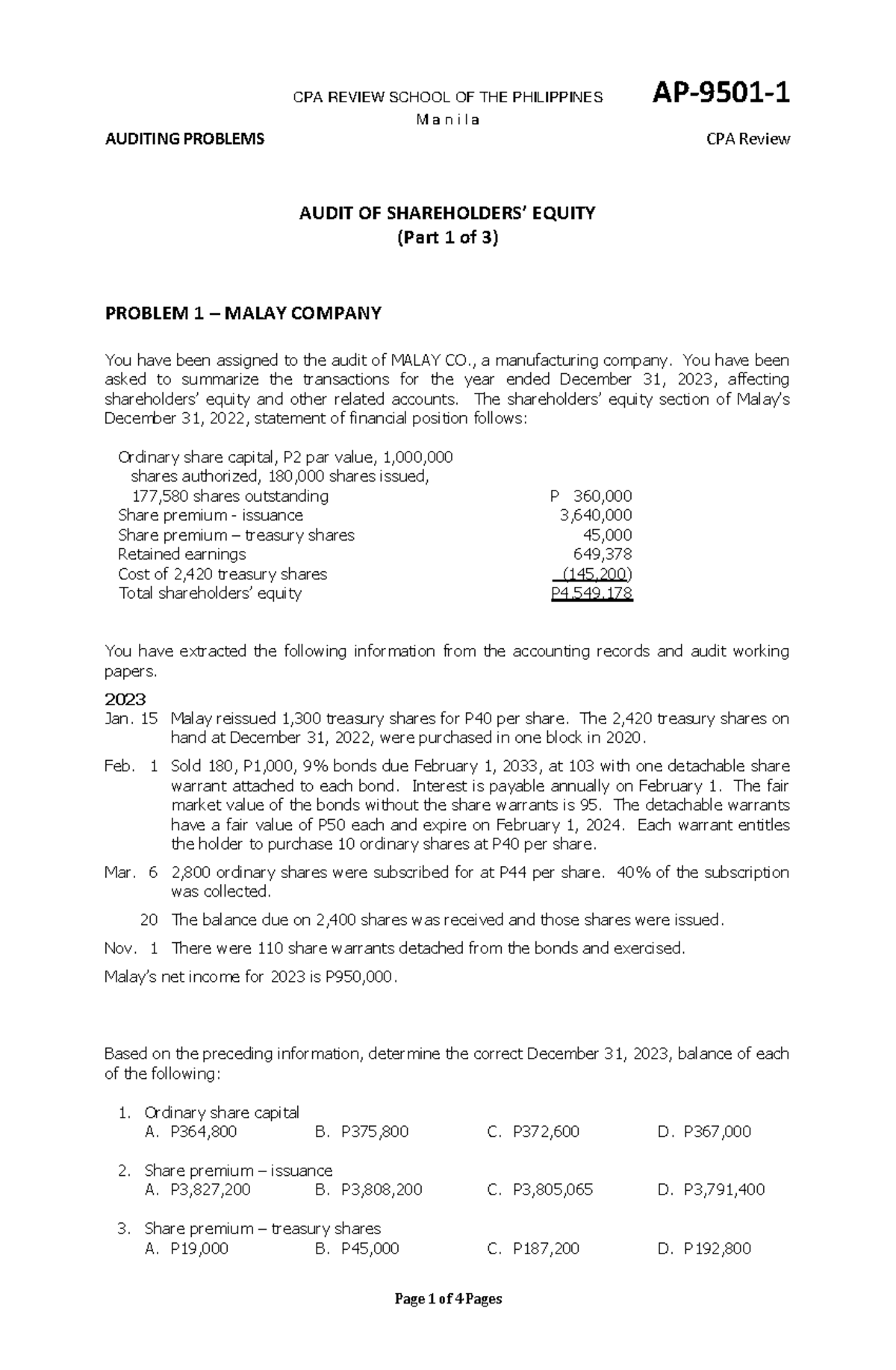 Audit of equity problems for CPA review (AP 9501-1) - Studocu
