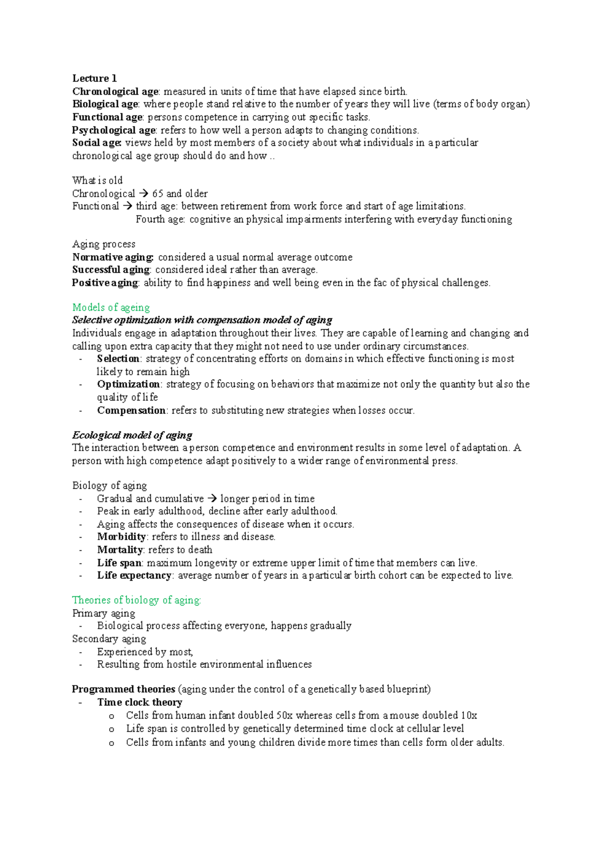 Neuropsychology of Aging and Dementia Lecture Notes (PSY 310) - Studeersnel