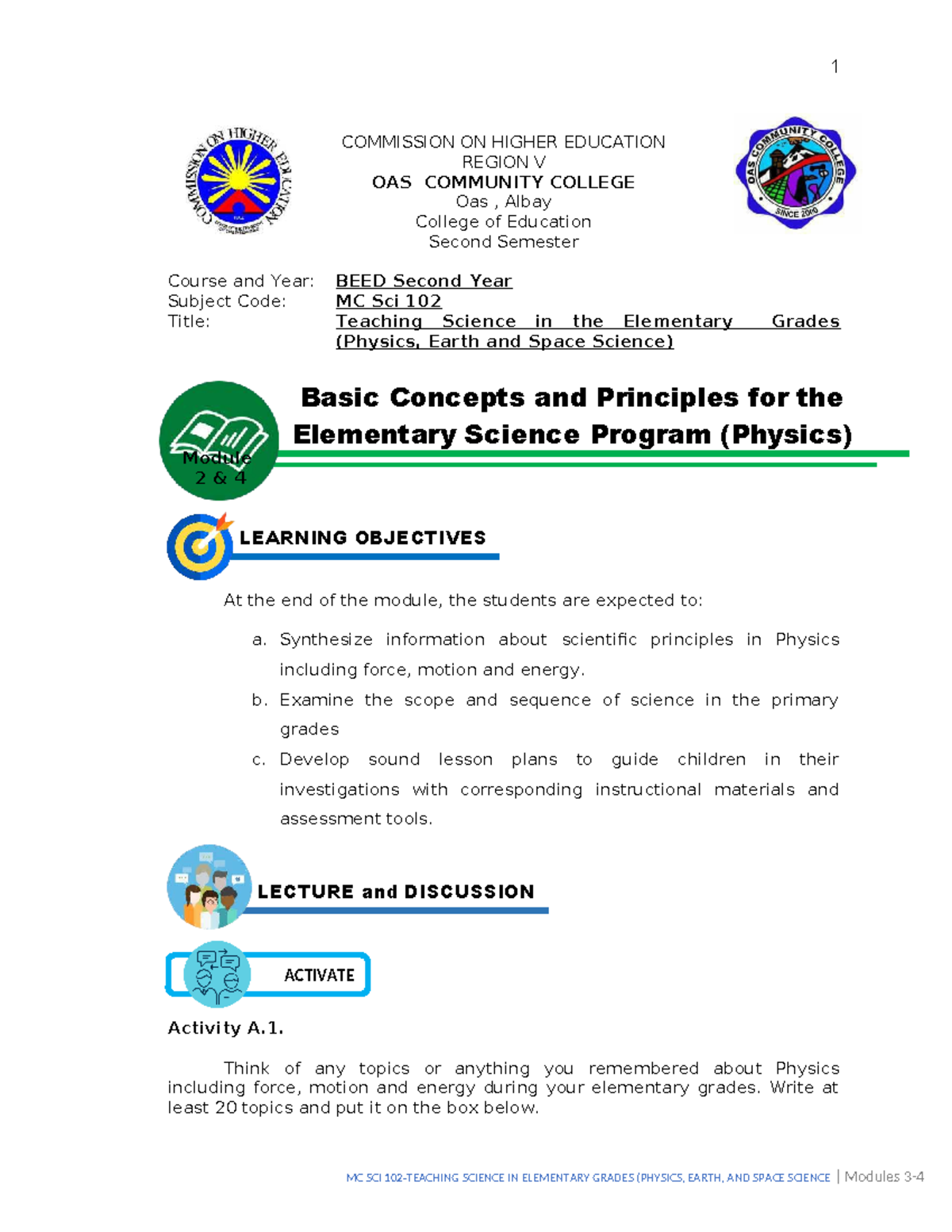 MC Sci 102 Module 34 SY 2024 25 - COMMISSION ON HIGHER EDUCATION REGION ...