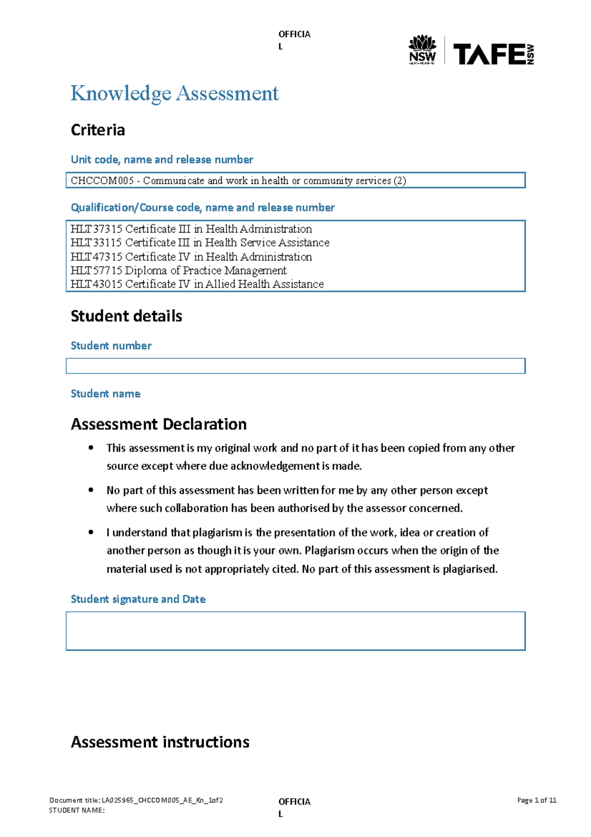 CHCCOM005 - Knowledge Assessment: Communicate in Health Services - Studocu