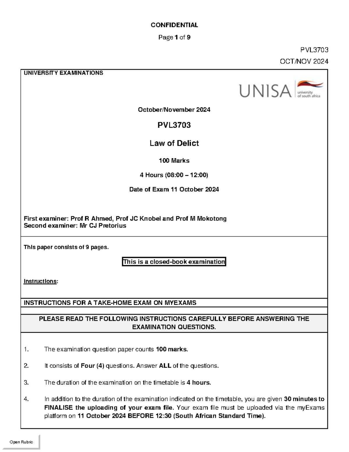 PVL3703 2024 Final Exam: Law of Delict Instructions & Questions - Studocu