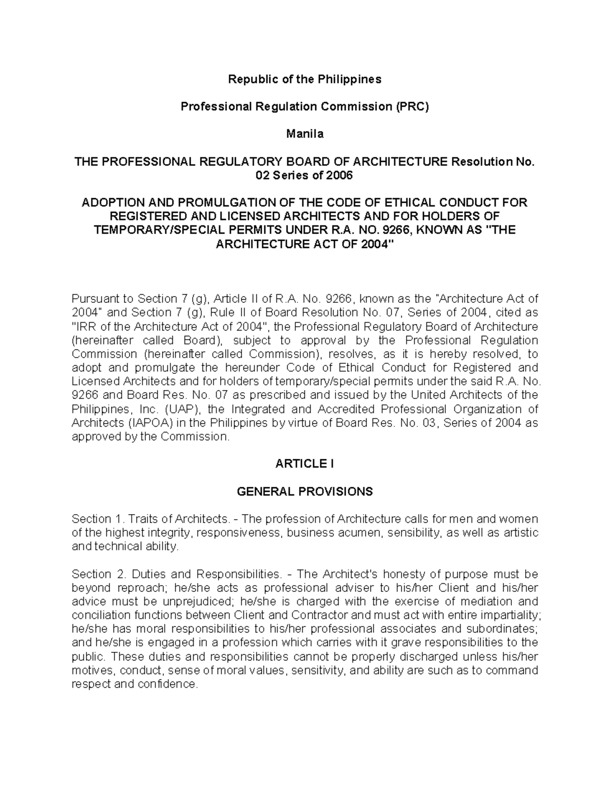 Architects Code of Ethics: PRC Resolution No. 02, Series of 2006 - Studocu