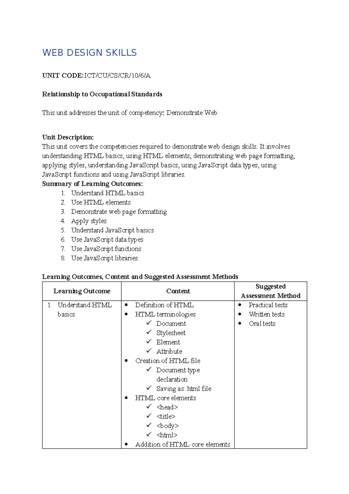 WEB DESIGN SKILLS UNIT: Competencies in HTML & JavaScript - Studocu