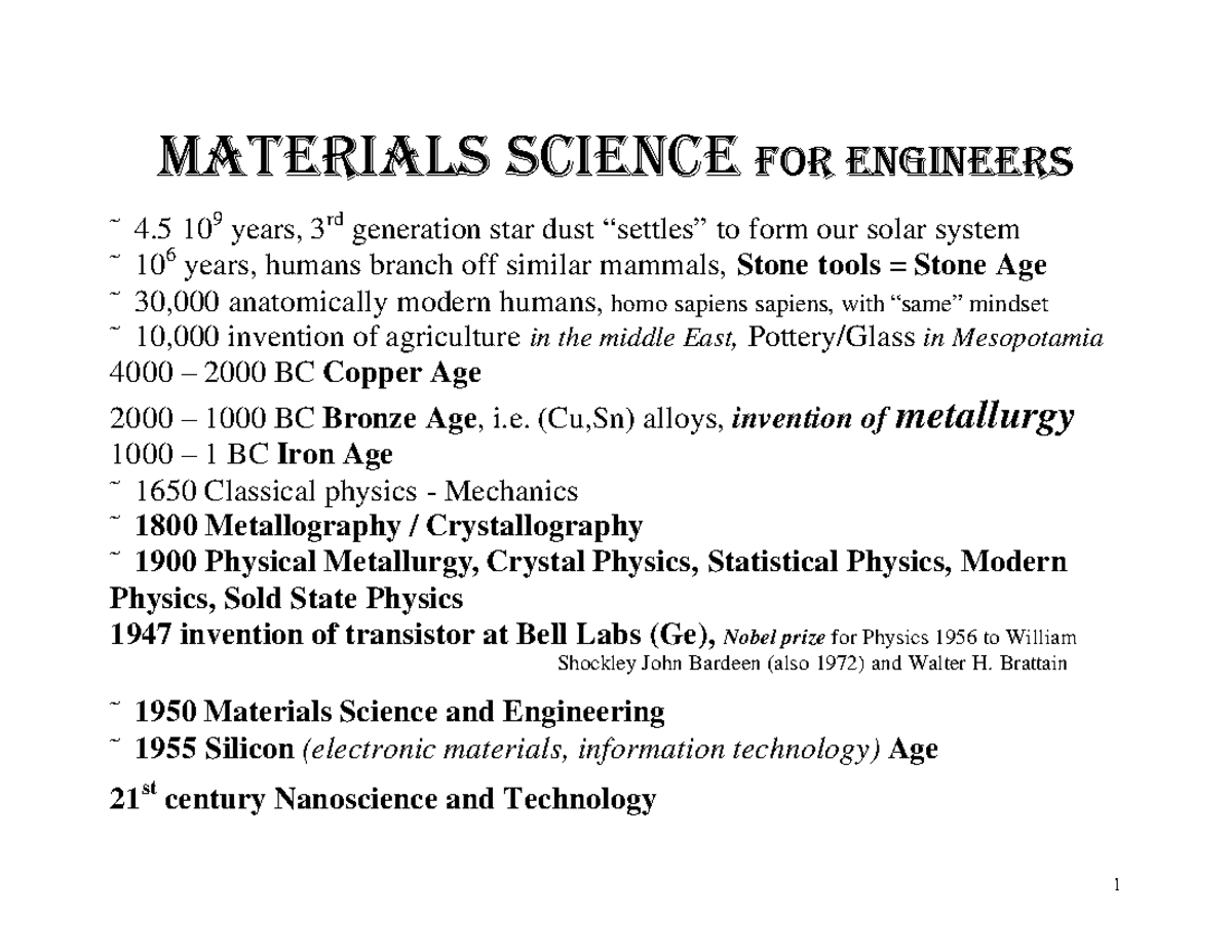 Lecture 1: Evolution of Materials Science in Engineering History - Studocu