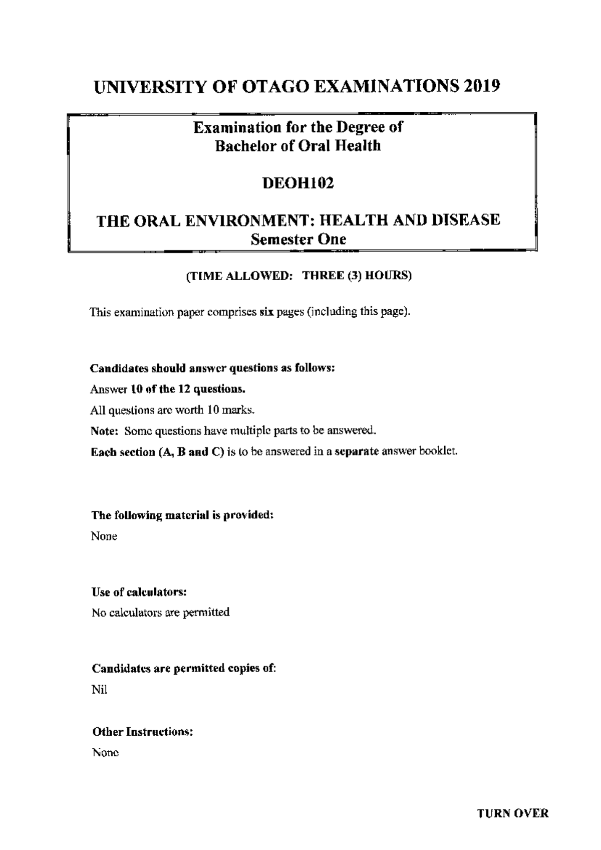 Deoh102 s1 2019 - Past year examination papers including answers - The ...