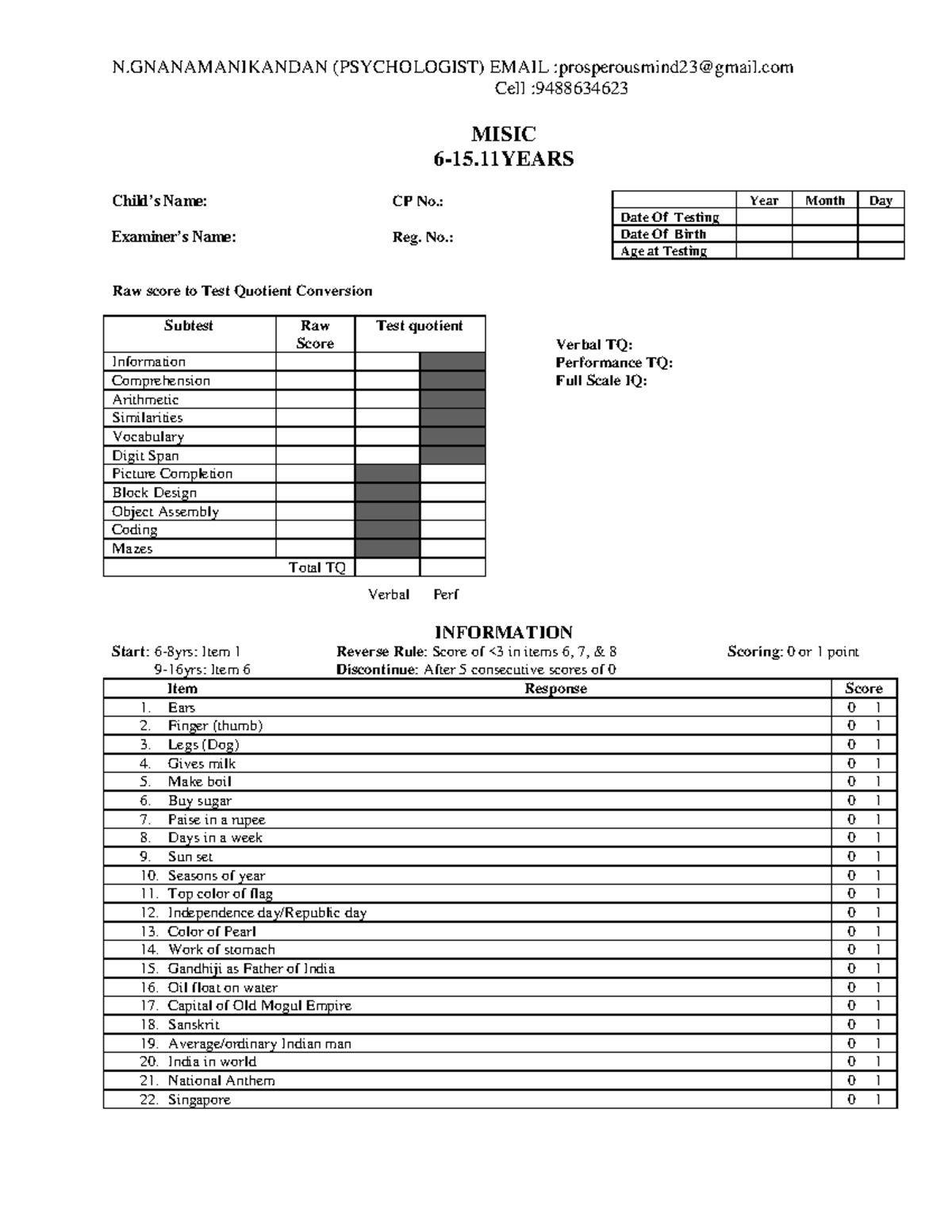 Misic Protocol: Psychological Testing and Scoring Guide - Studocu